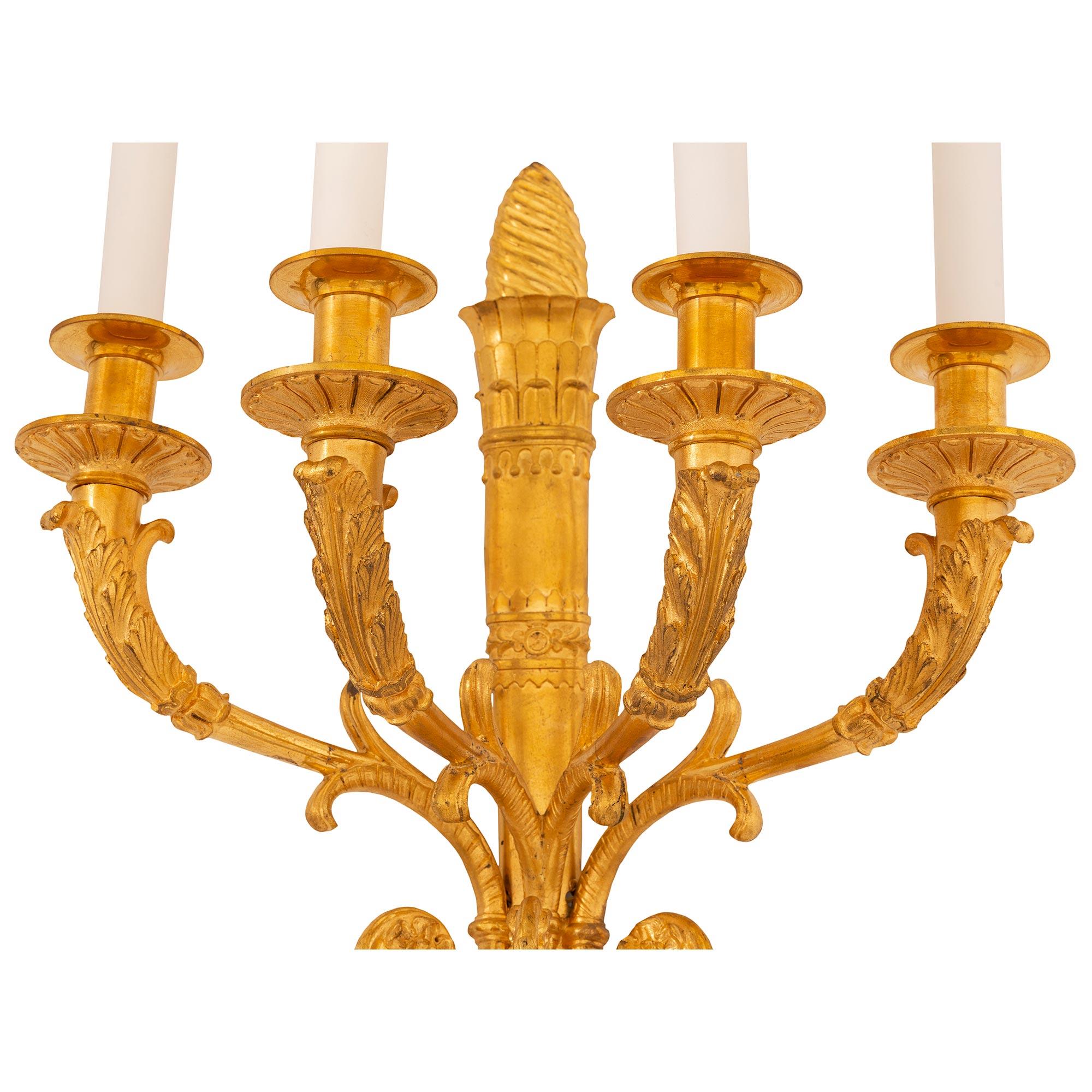 Pair of French 19th Century Neo-Classical Four Arm Ormolu Sconces In Good Condition For Sale In West Palm Beach, FL