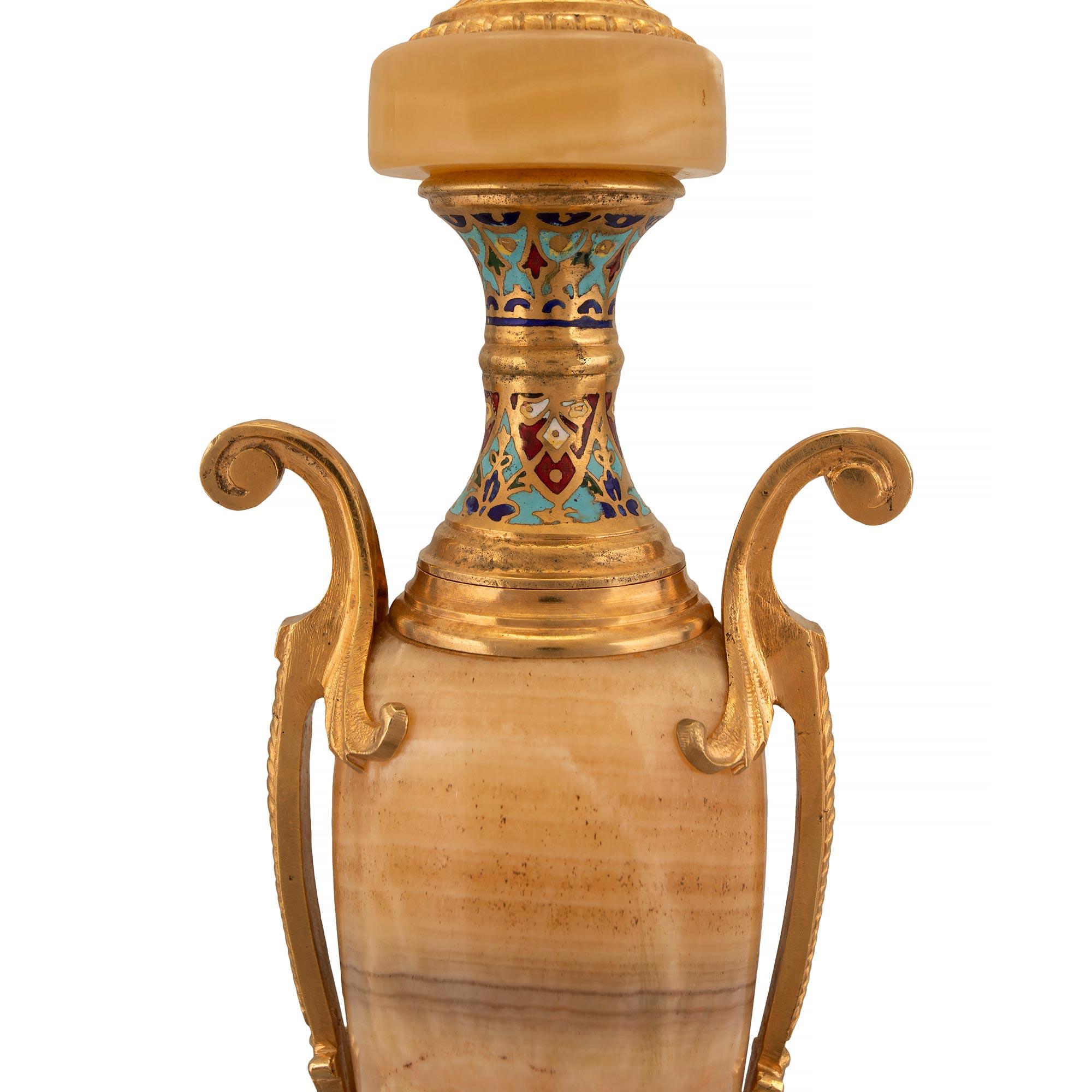 Pair of French 19th Century Neo-Classical Onyx, Ormolu and Cloisonné Lamps In Good Condition For Sale In West Palm Beach, FL