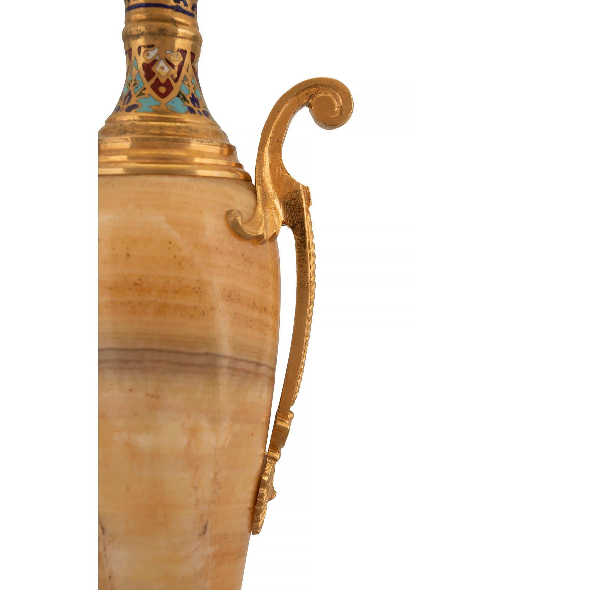 Pair of French 19th Century Neo-Classical Onyx, Ormolu and Cloisonné Lamps For Sale 1