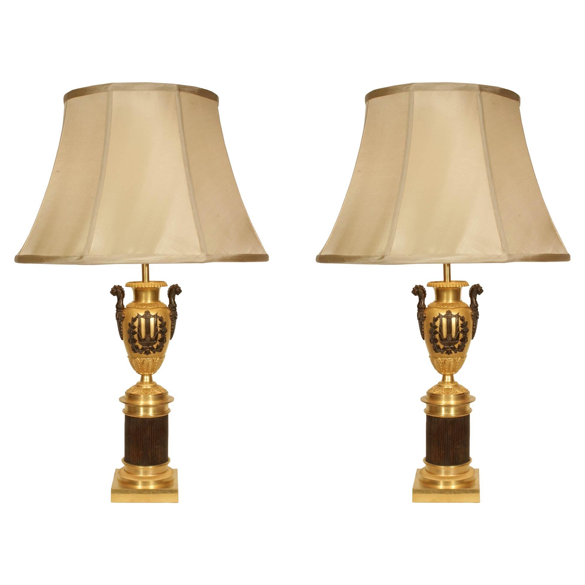 Pair of French 19th Century Neo-Classical Ormolu and Patinated Bronze Lamps For Sale