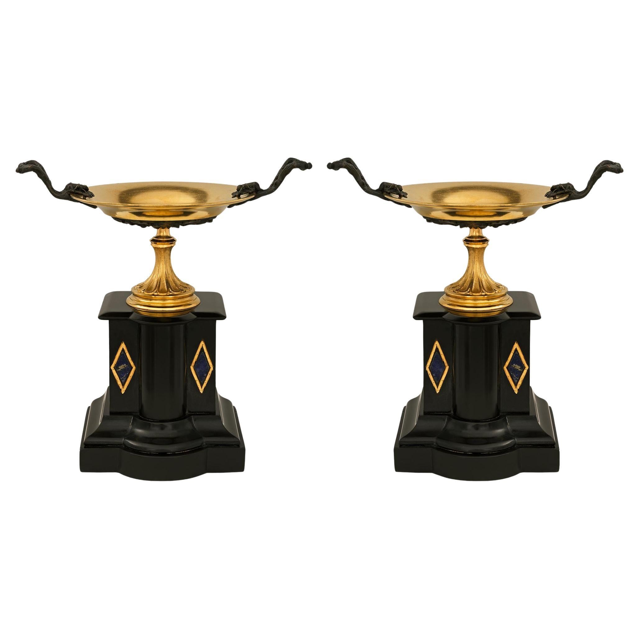 Pair of French 19th century Neo-Classical Ormolu, patinated Bronze & Marble Urns For Sale