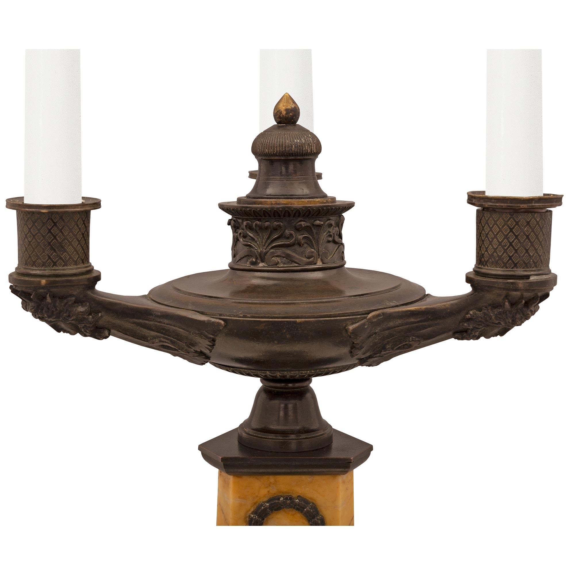 Neoclassical Pair of French 19th Century Neo-Classical St. Bronze and Marble Candelabras For Sale