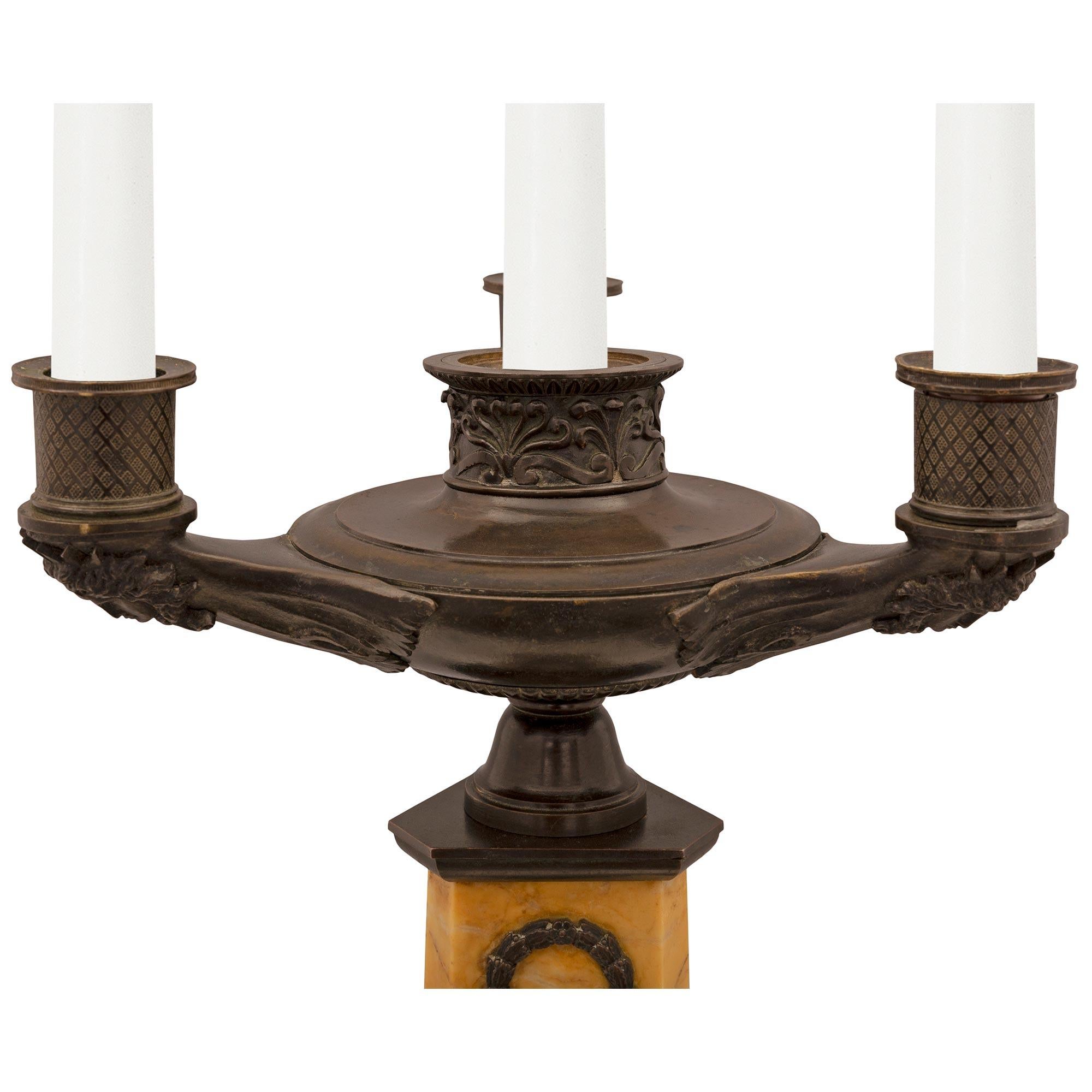 Patinated Pair of French 19th Century Neo-Classical St. Bronze and Marble Candelabras For Sale
