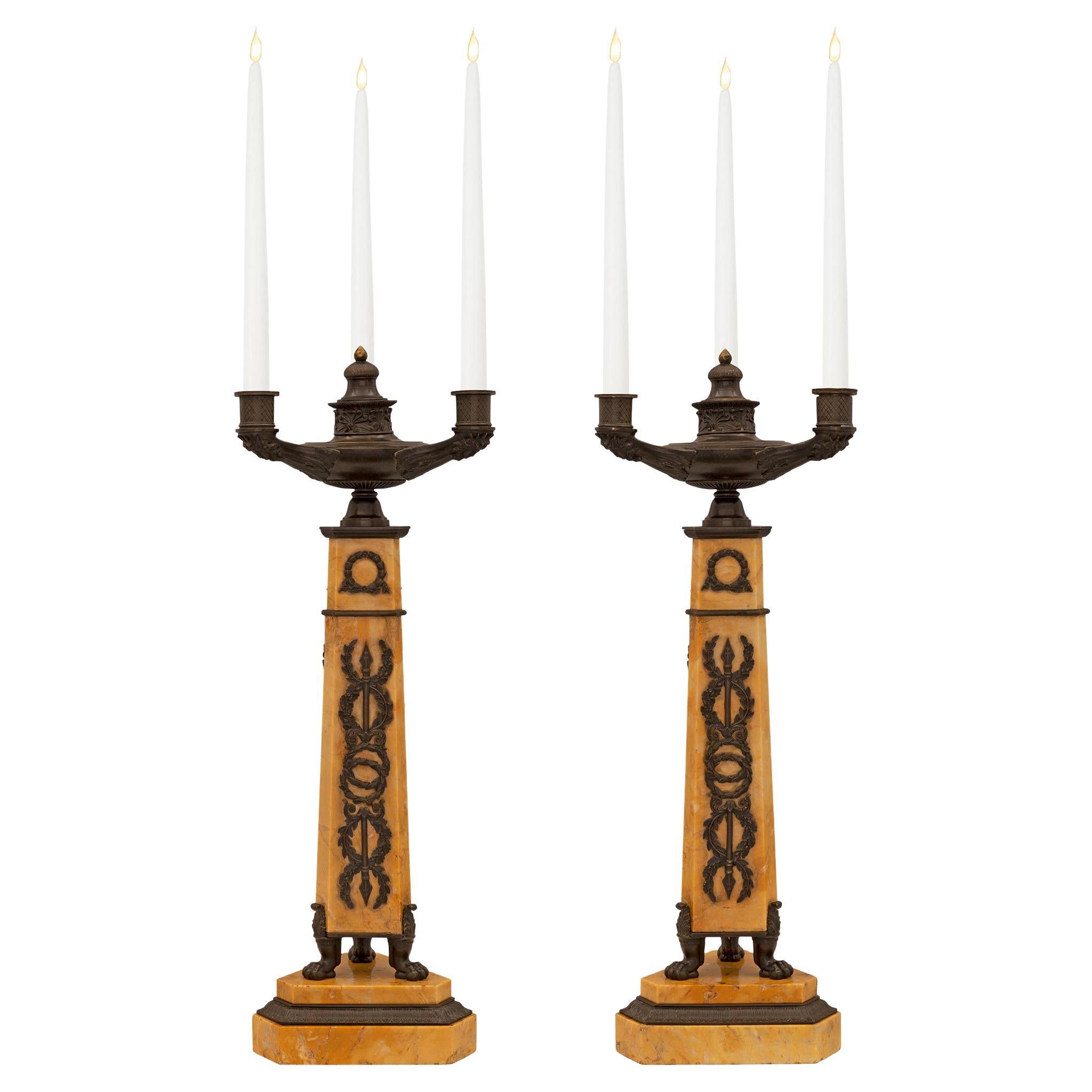 Pair of French 19th Century Neo-Classical St. Bronze and Marble Candelabras For Sale
