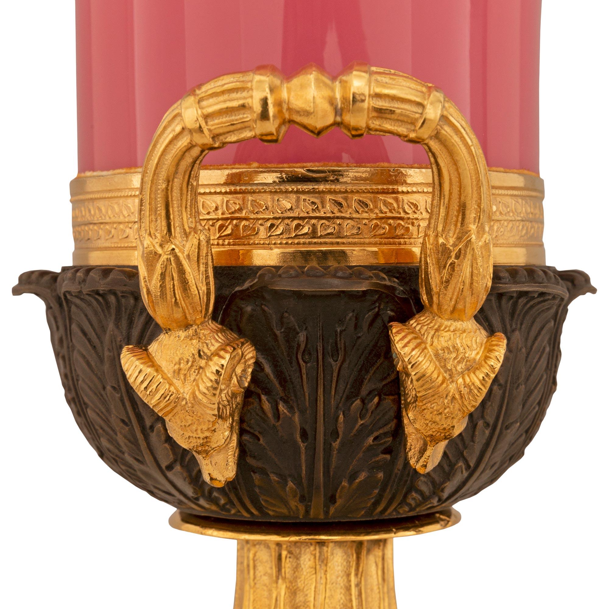 Pair of French 19th Century Neo-Classical St. Bronze, Glass, and Ormolu Urns For Sale 3