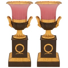 Paire d'urnes néoclassiques françaises du 19ème siècle en bronze, verre et bronze doré