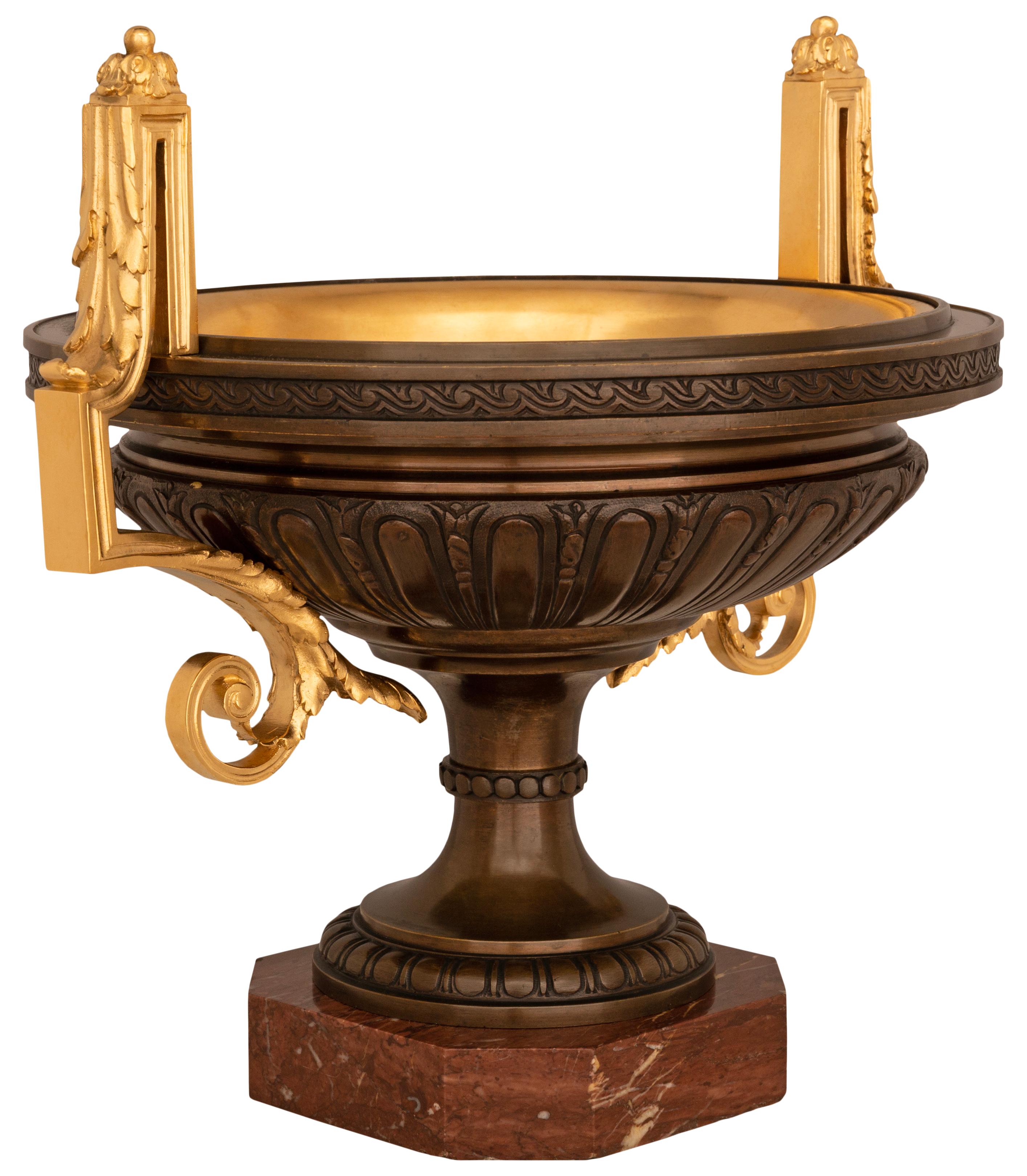 Patinated Pair Of French 19th Century Neo-Classical St. Bronze, Marble, & Ormolu Urns For Sale