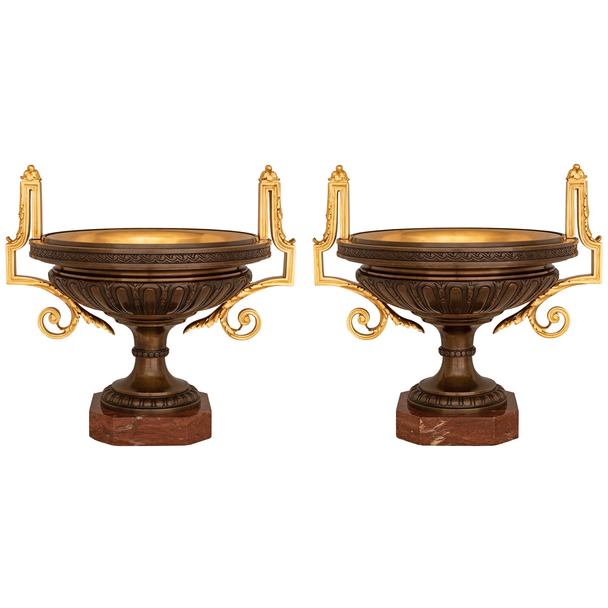 Pair Of French 19th Century Neo-Classical St. Bronze, Marble, & Ormolu Urns For Sale