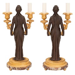 Pair of French 19th Century Neo-Classical St. Bronze, Ormolu, and Marble Lamps