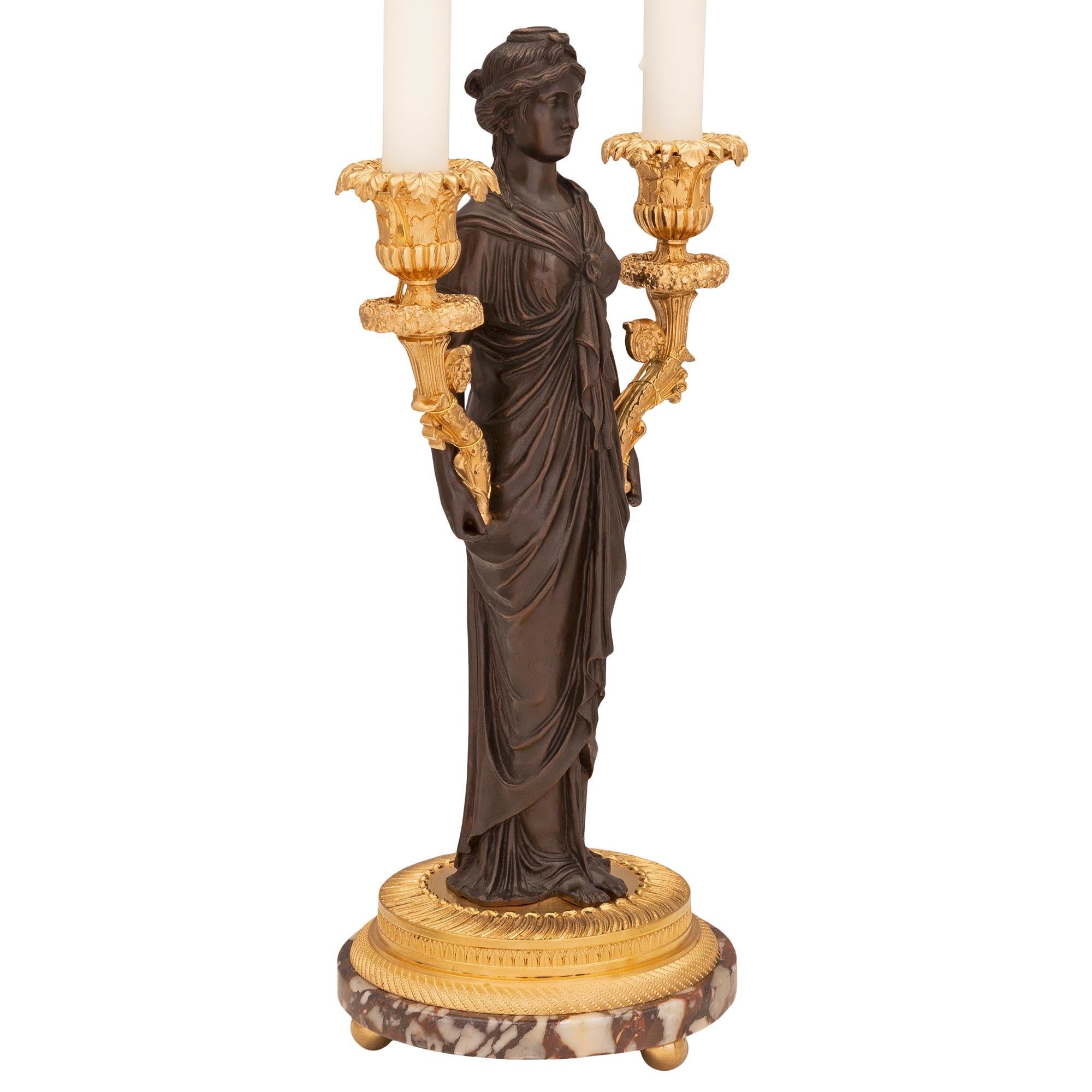 Neoclassical Pair of French 19th Century Neo-Classical St. Bronze, Ormolu, and Marble Lamps For Sale