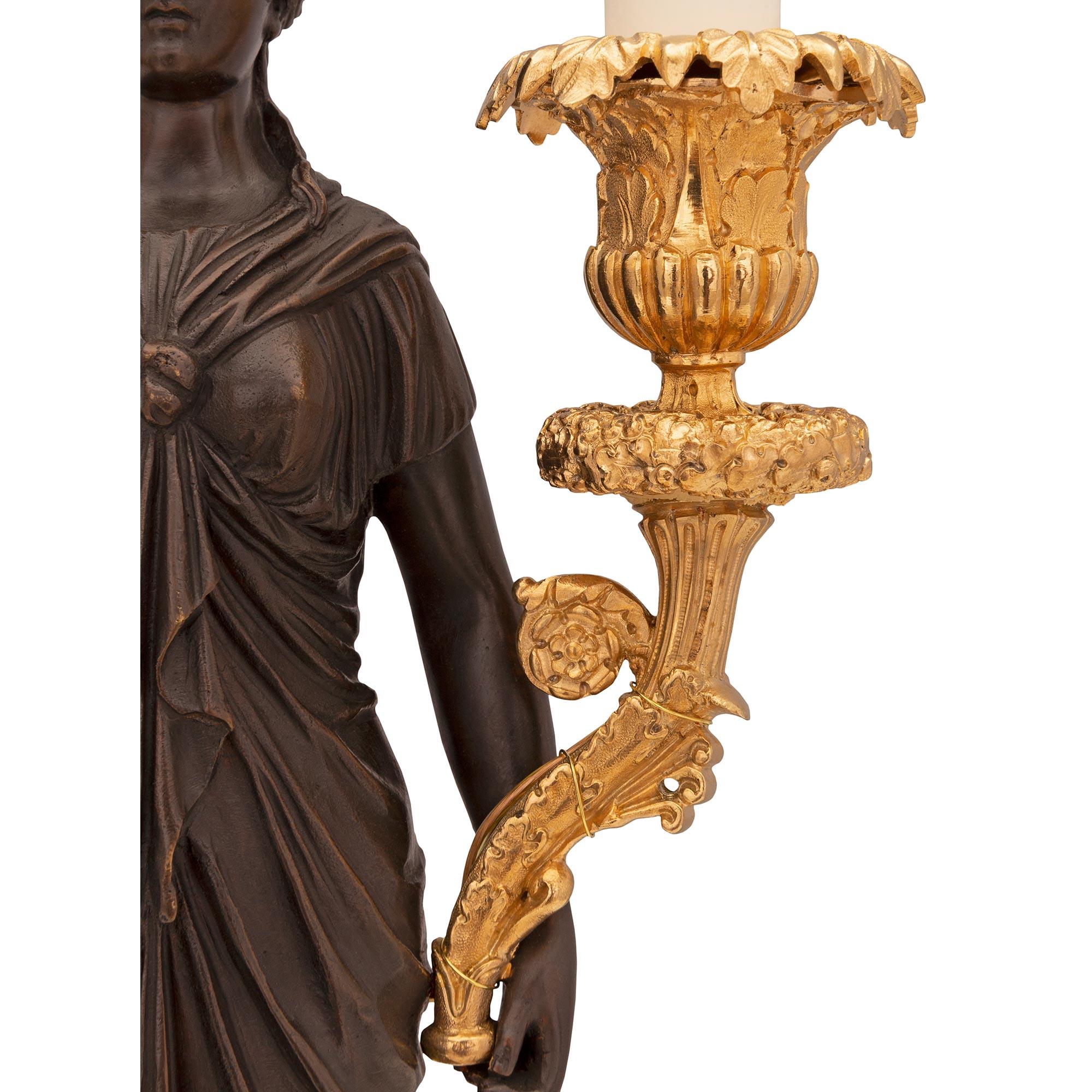 Pair of French 19th Century Neo-Classical St. Bronze, Ormolu, and Marble Lamps For Sale 1