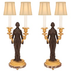 Pair of French 19th Century Neo-Classical St. Bronze, Ormolu, and Marble Lamps