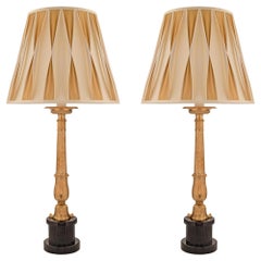 Paar französische neoklassizistische Lampen aus ebonisiertem Obstholz und Goldbronze aus dem 19. Jahrhundert