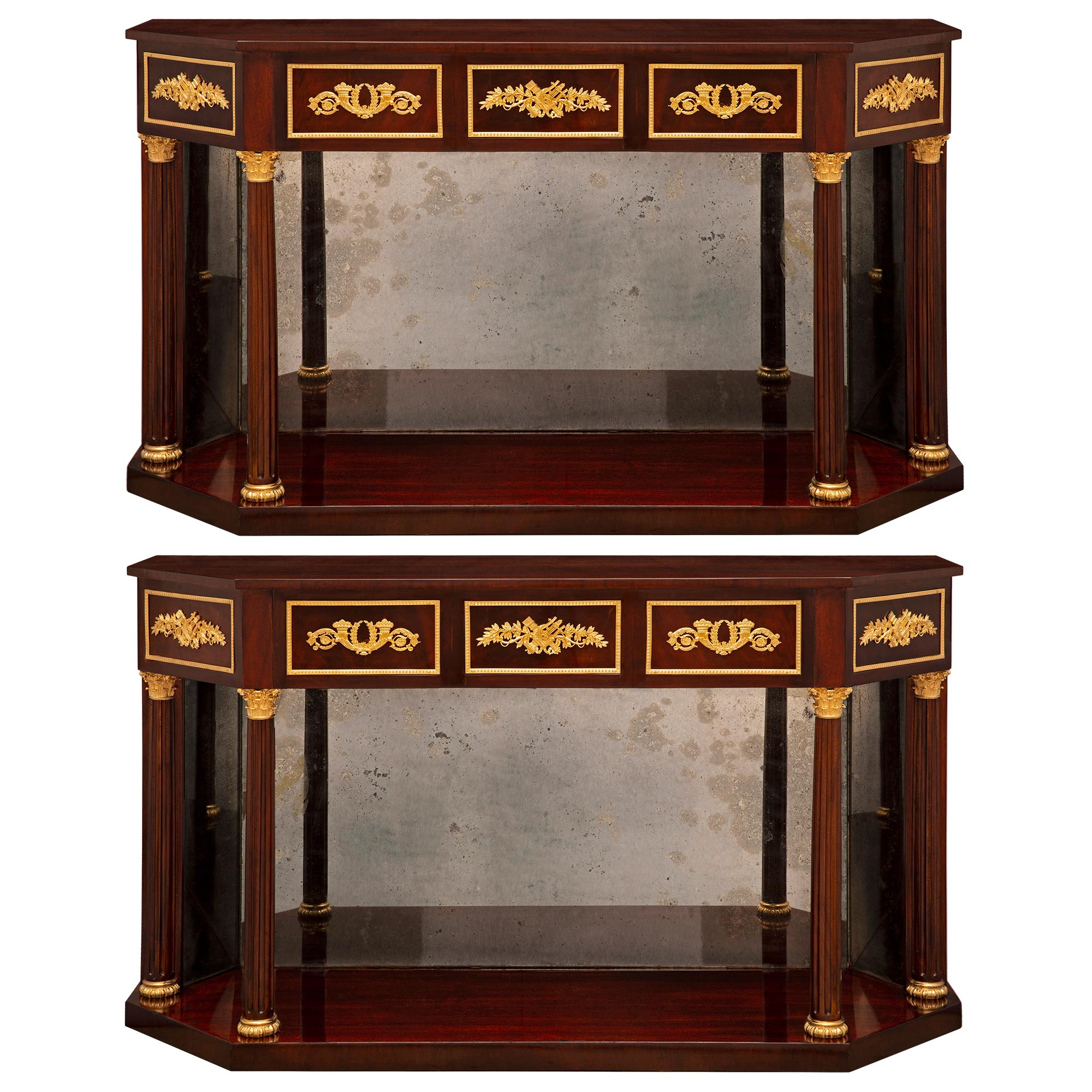 Pair of French 19th Century Neo-Classical St. Mahogany and Ormolu Consoles