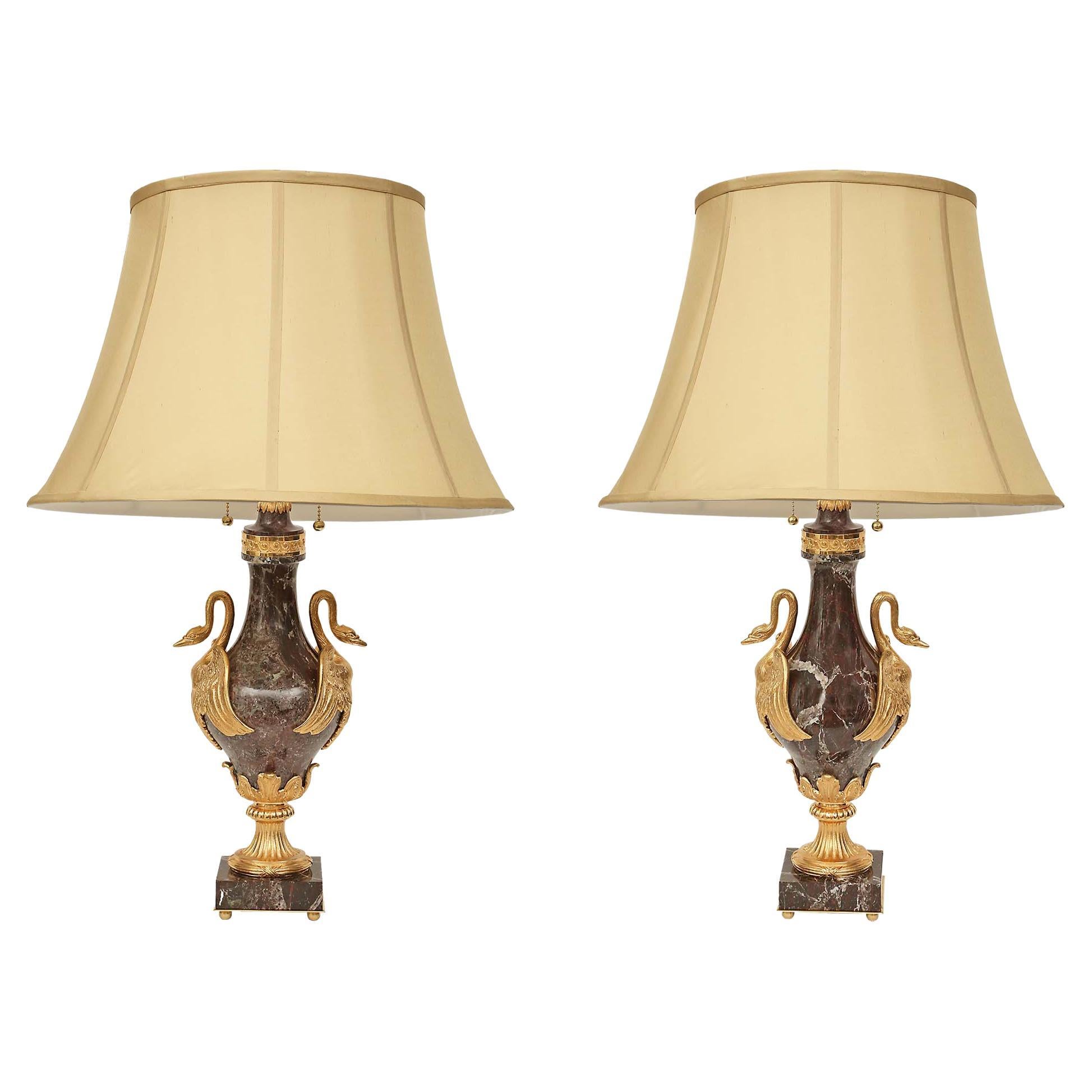 Pair of French 19th Century Neo-Classical St. Marble and Ormolu Lamps