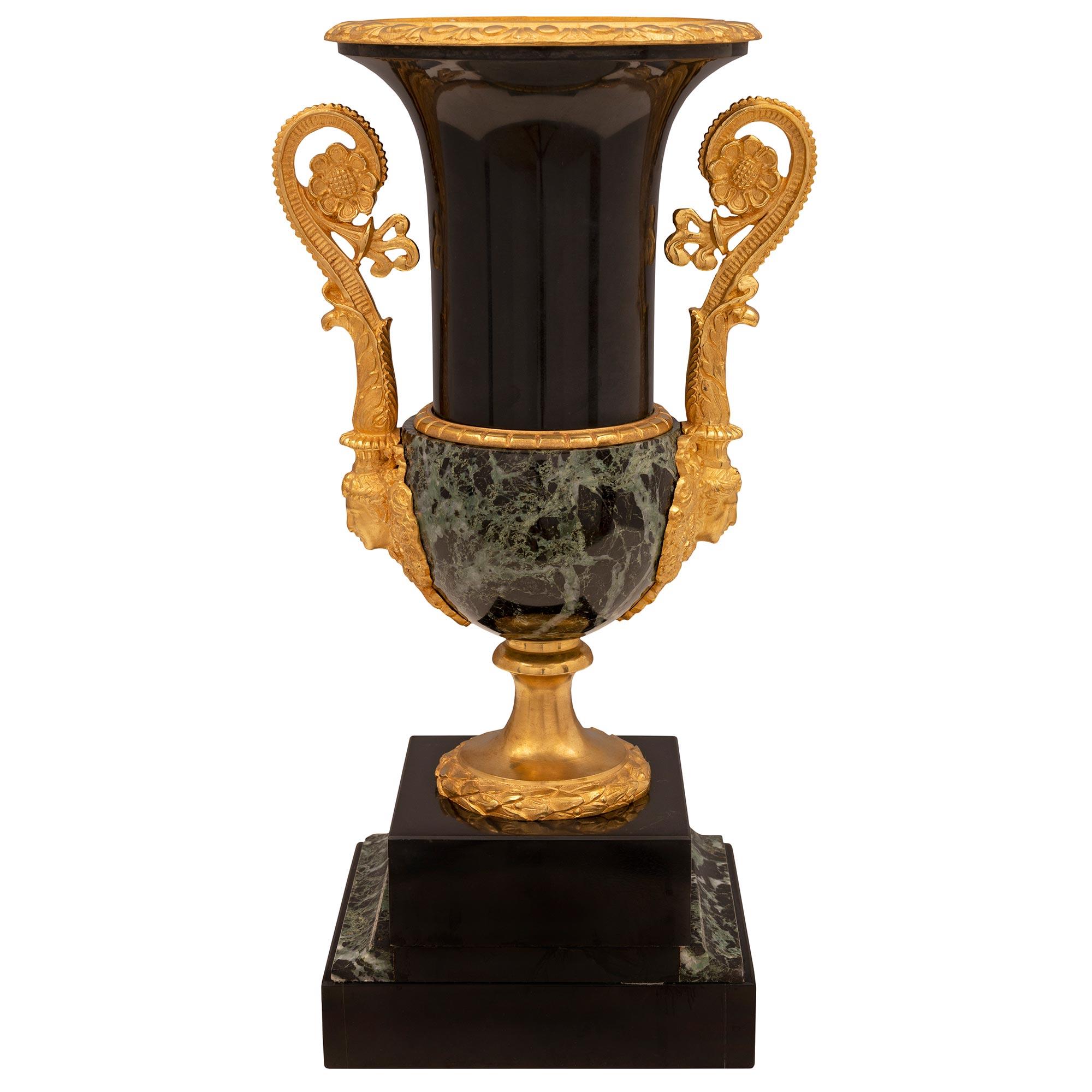 Neoclassical Pair of French 19th Century Neo-Classical St. Marble and Ormolu Urns For Sale