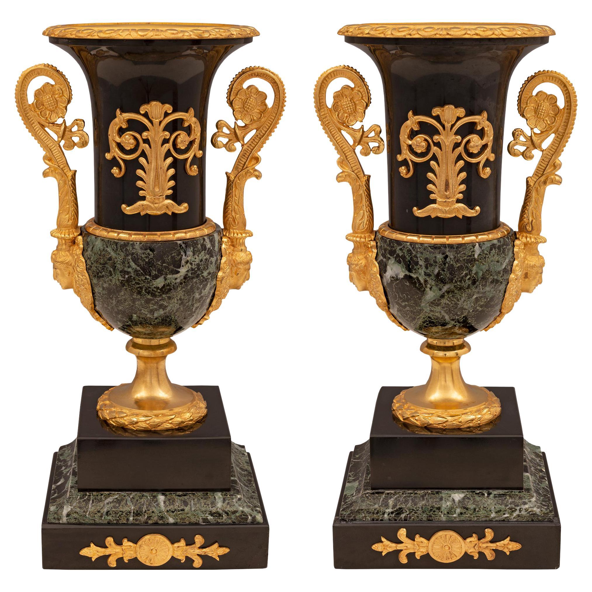 Pair of French 19th Century Neo-Classical St. Marble and Ormolu Urns For Sale