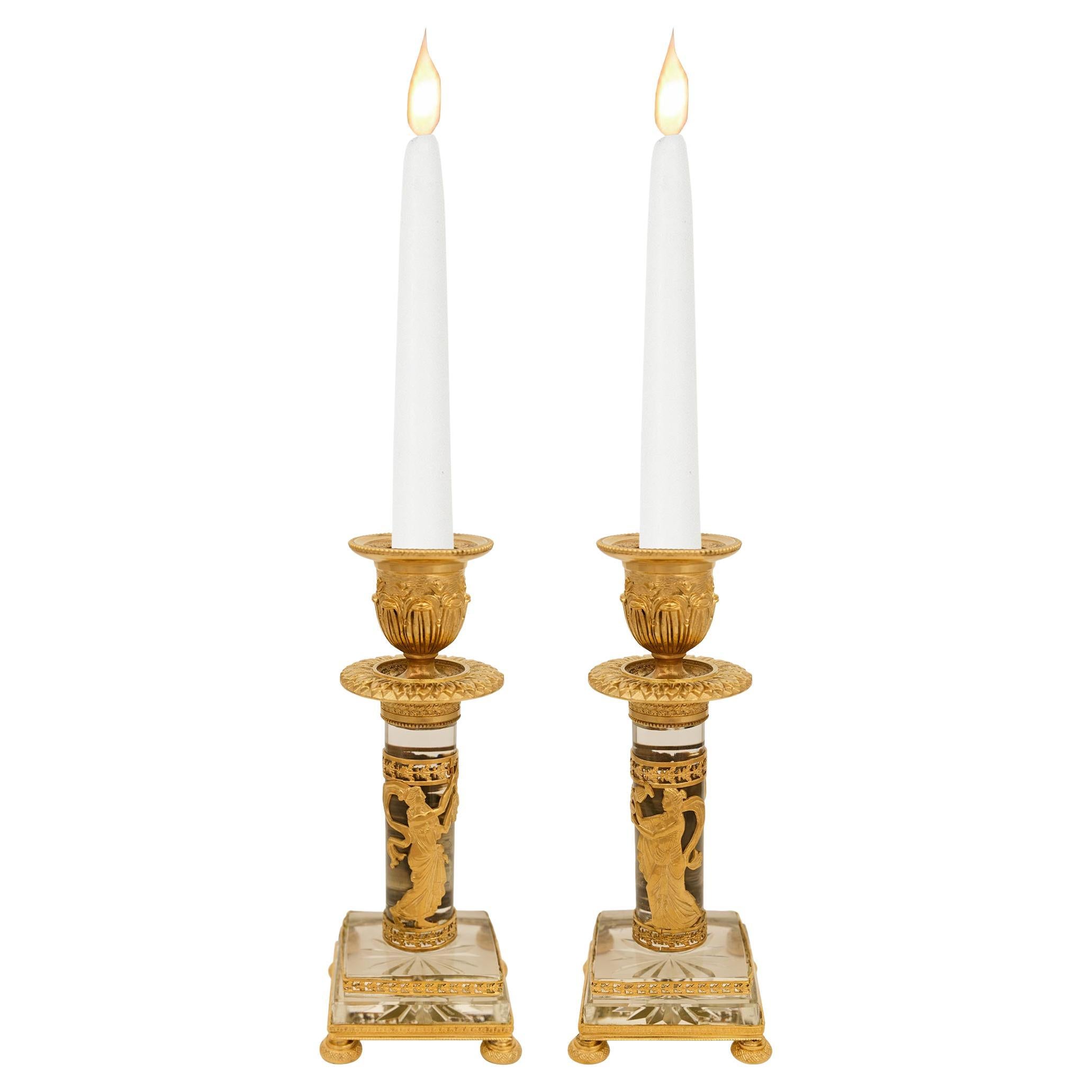 pair of French 19th century Neo-Classical st. Ormolu and Crystal candlesticks