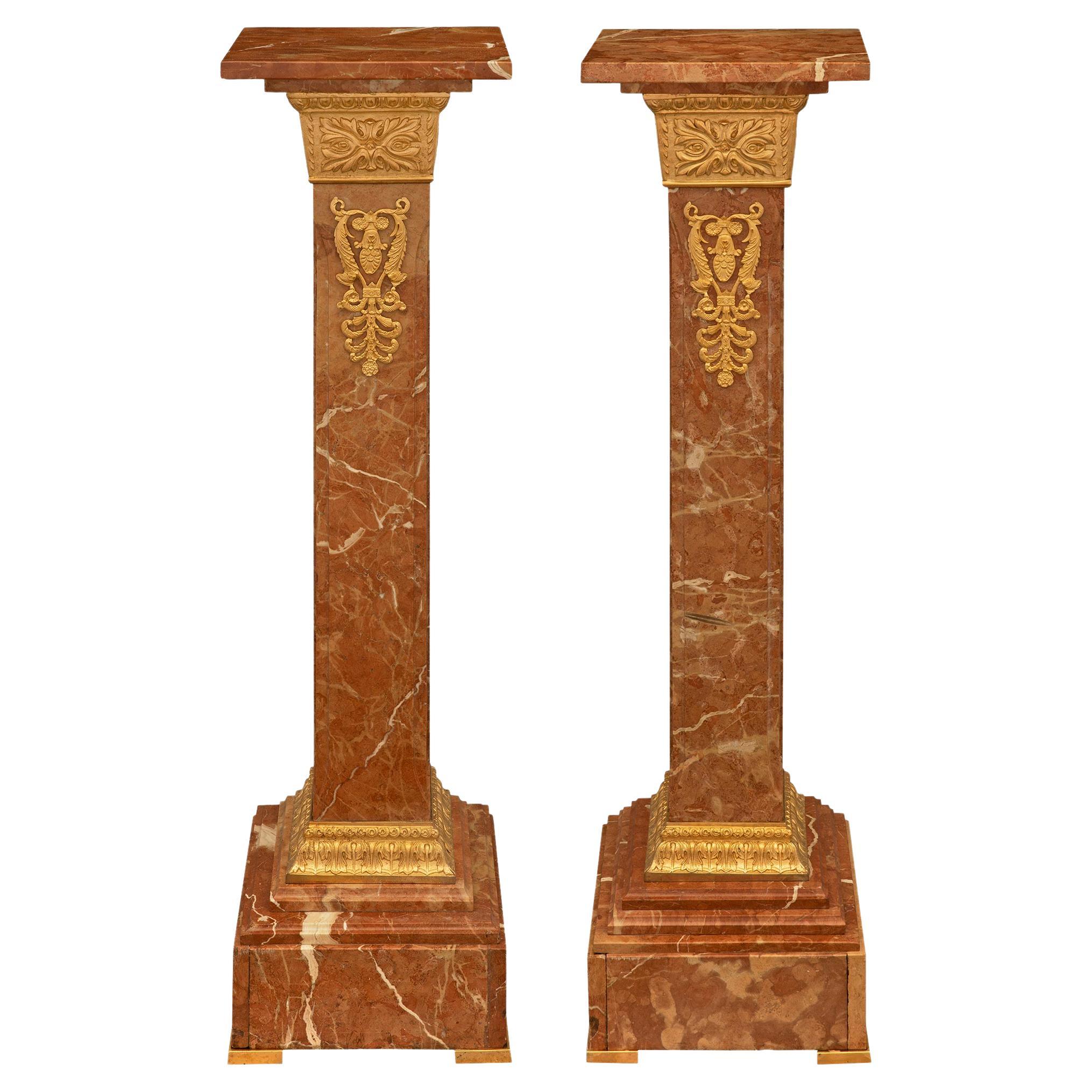 Pair Of French 19th Century Neo-Classical St. Ormolu And Marble Pedestal Columns