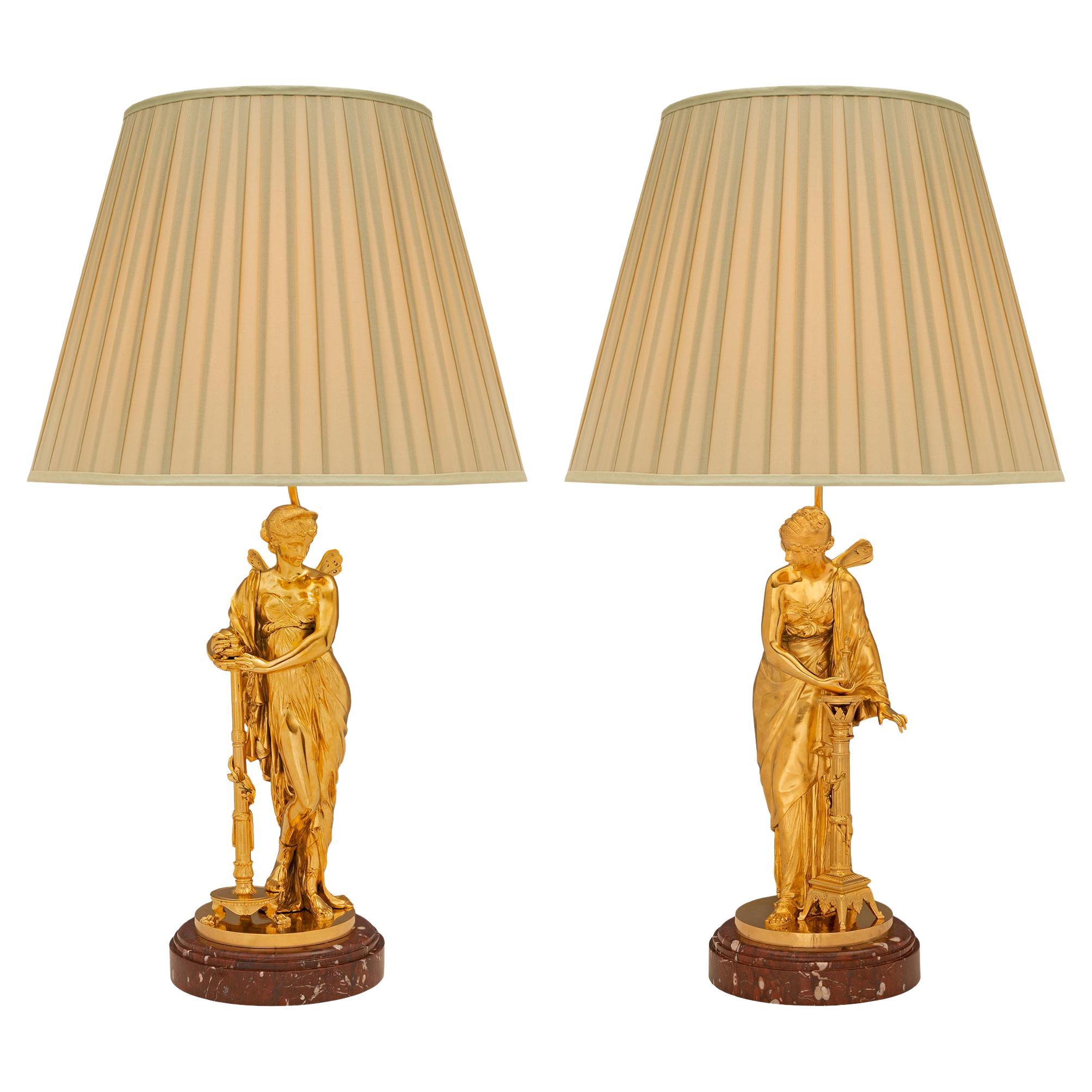 Pair of French 19th Century Neo-Classical St. Ormolu and Rouge Griotte Marble La For Sale