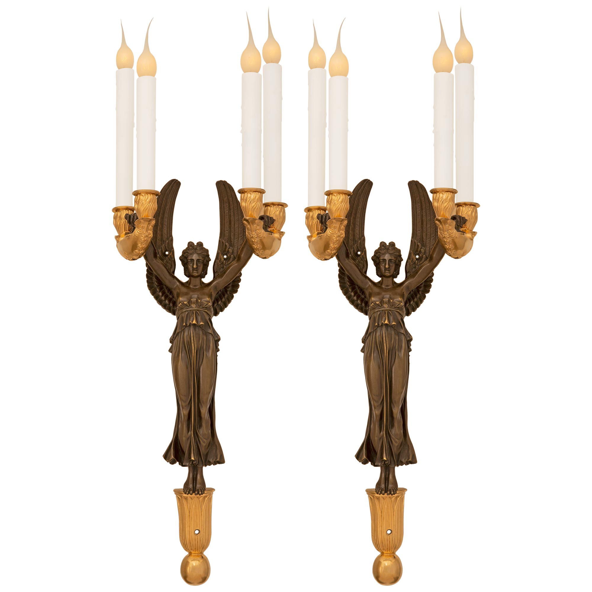 Pair Of French 19th Century Neo-Classical St. Ormolu & Patinated Bronze Sconces For Sale