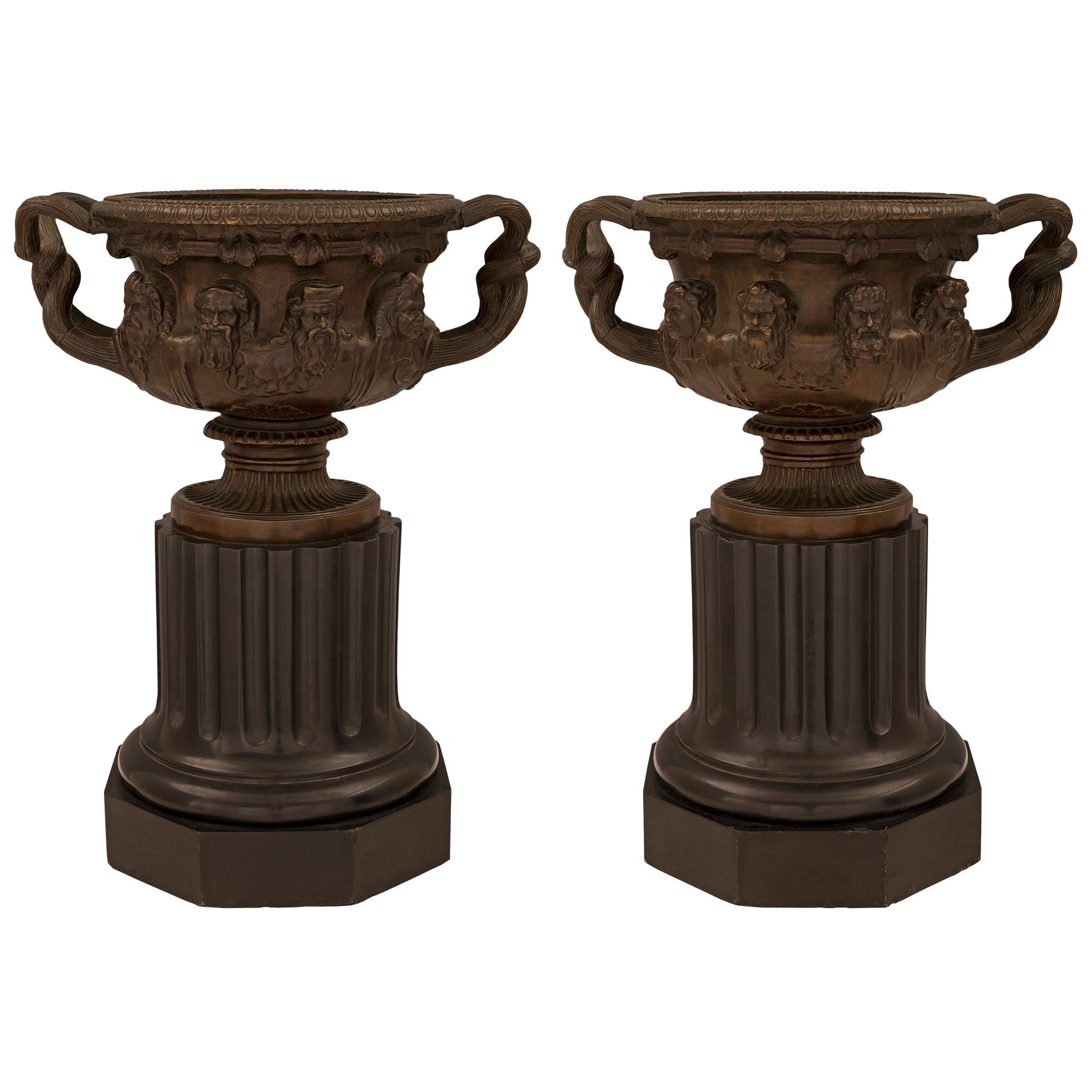 Pair of French 19th Century Neo-Classical St. Patinated Bronze and Marble Tazzas For Sale 6