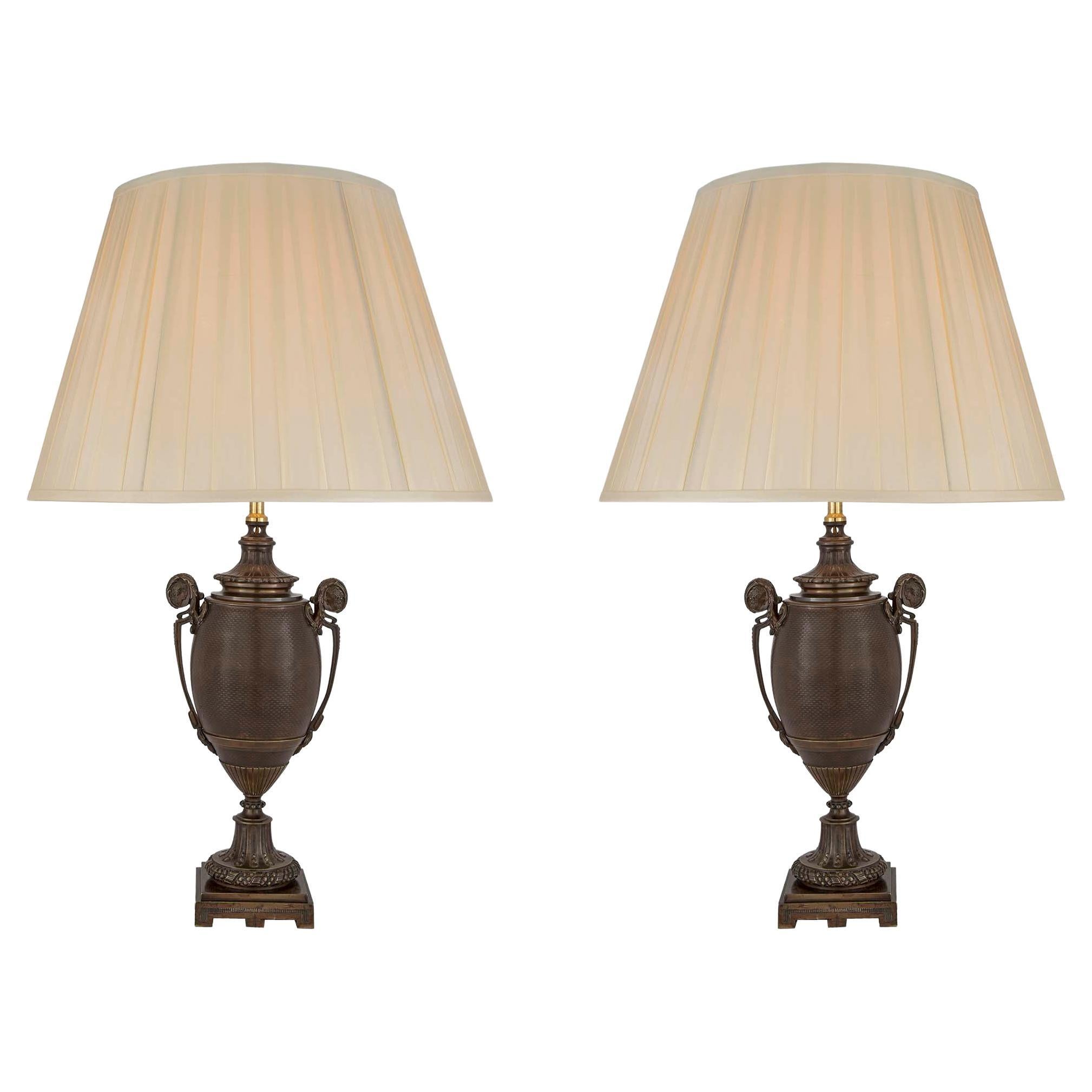 Pair of French 19th Century Neo-Classical St. Patinated Bronze Lamps