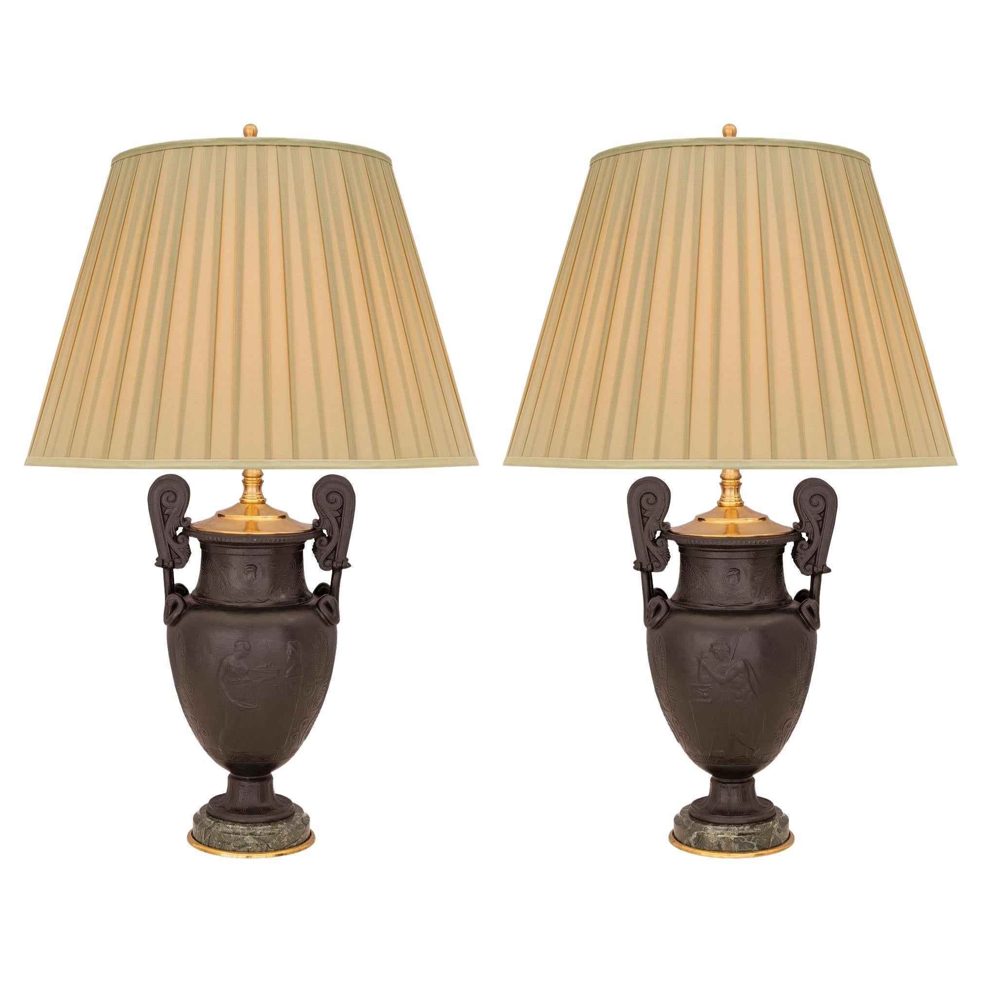 Pair of French 19th Century Neo-Classical St. Patinated Bronze Marble Lamps