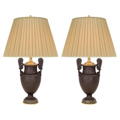 Pair of French 19th Century Neo-Classical St. Patinated Bronze Marble Lamps