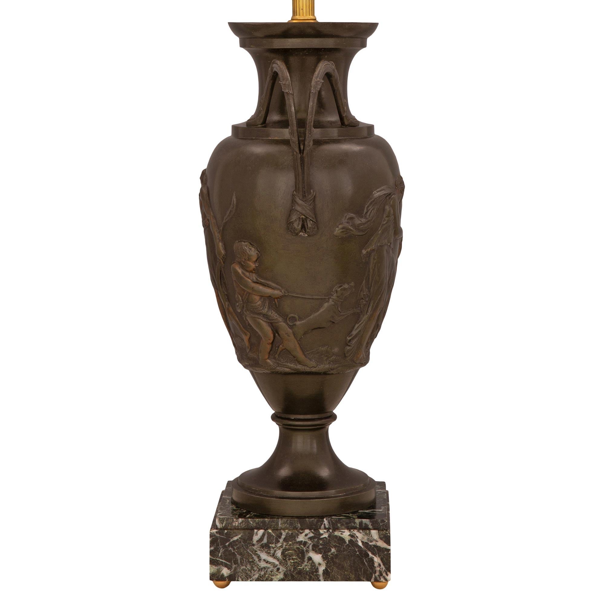 Neoclassical Pair of French 19th Century Neo-Classical St. Patinated Bronze Urns Lamps For Sale