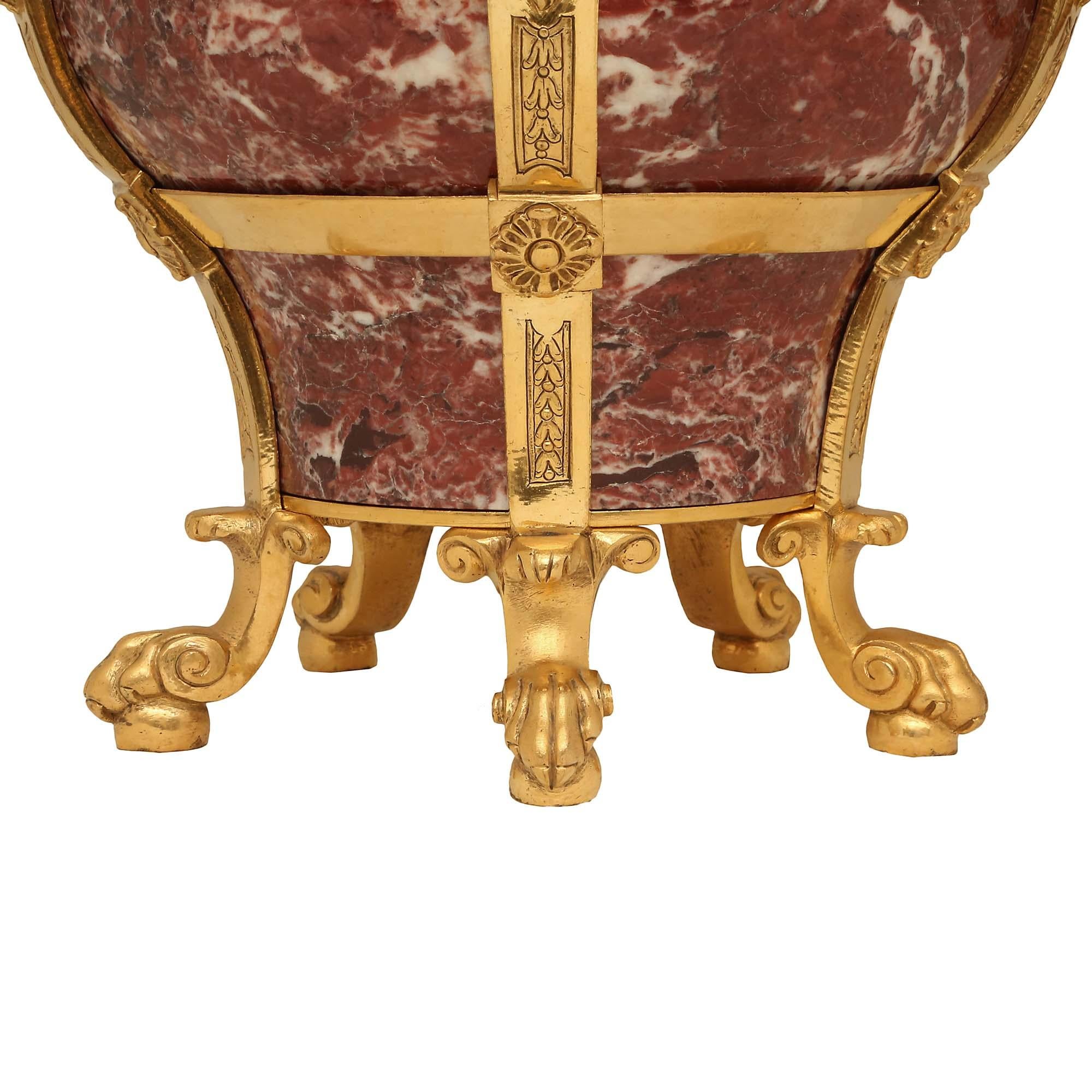 Pair Of French 19th Century Neo-Classical St. Rose Marble And Ormolu Urns For Sale 1
