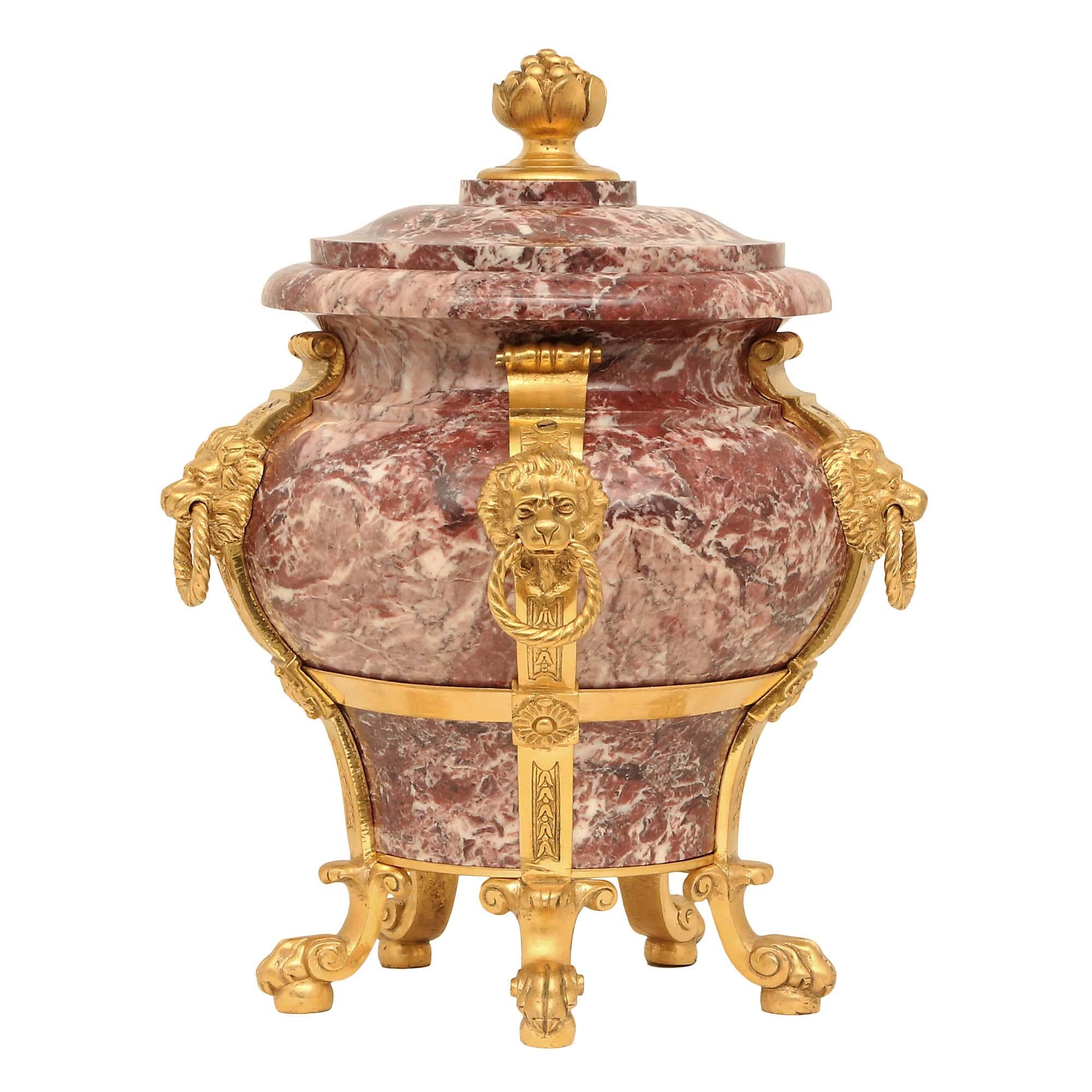 Pair Of French 19th Century Neo-Classical St. Rose Marble And Ormolu Urns For Sale 4