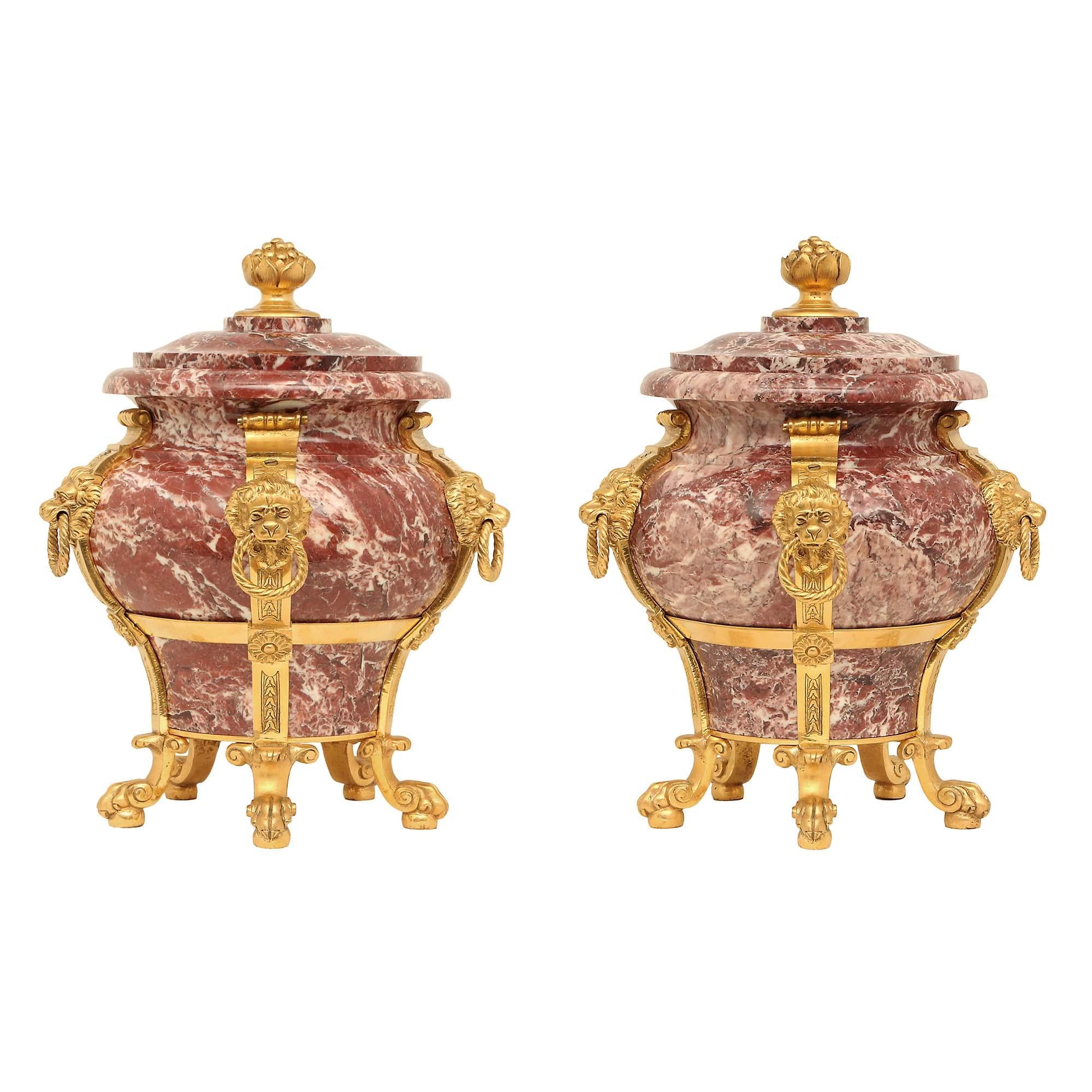 Pair Of French 19th Century Neo-Classical St. Rose Marble And Ormolu Urns For Sale 5