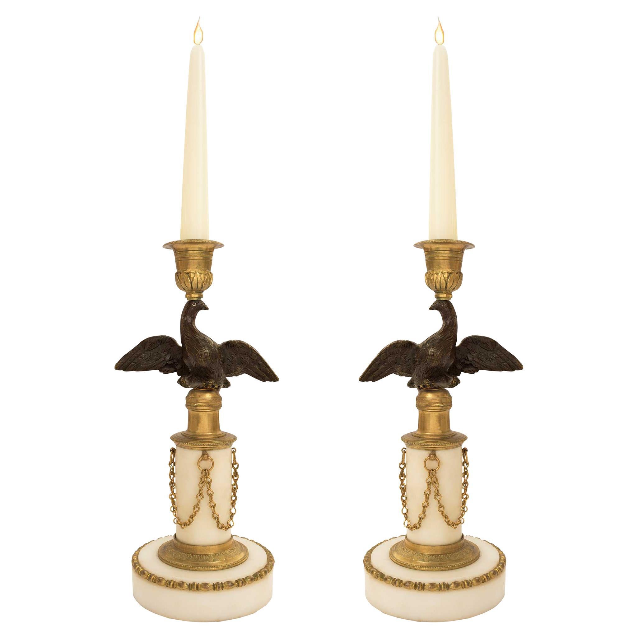 Pair of French 19th Century Neo-Classical St. White Carrara Marble Candlesticks