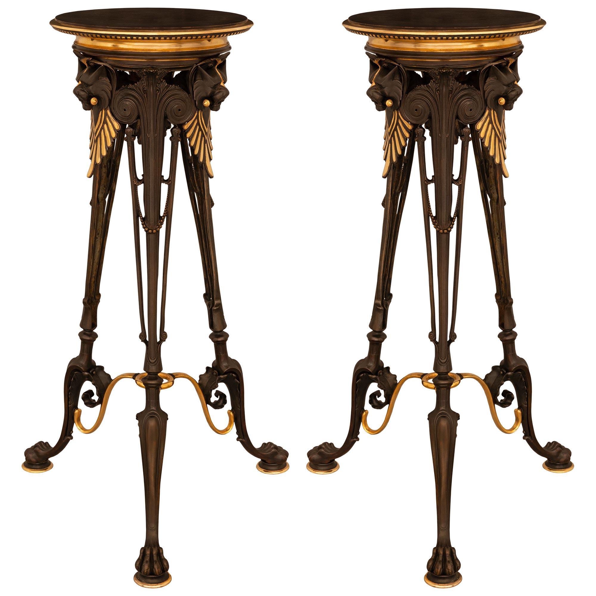 Pair Of French 19th Century Neo-Greek St. Ormolu And Patinated Bronze Pedestals For Sale 6