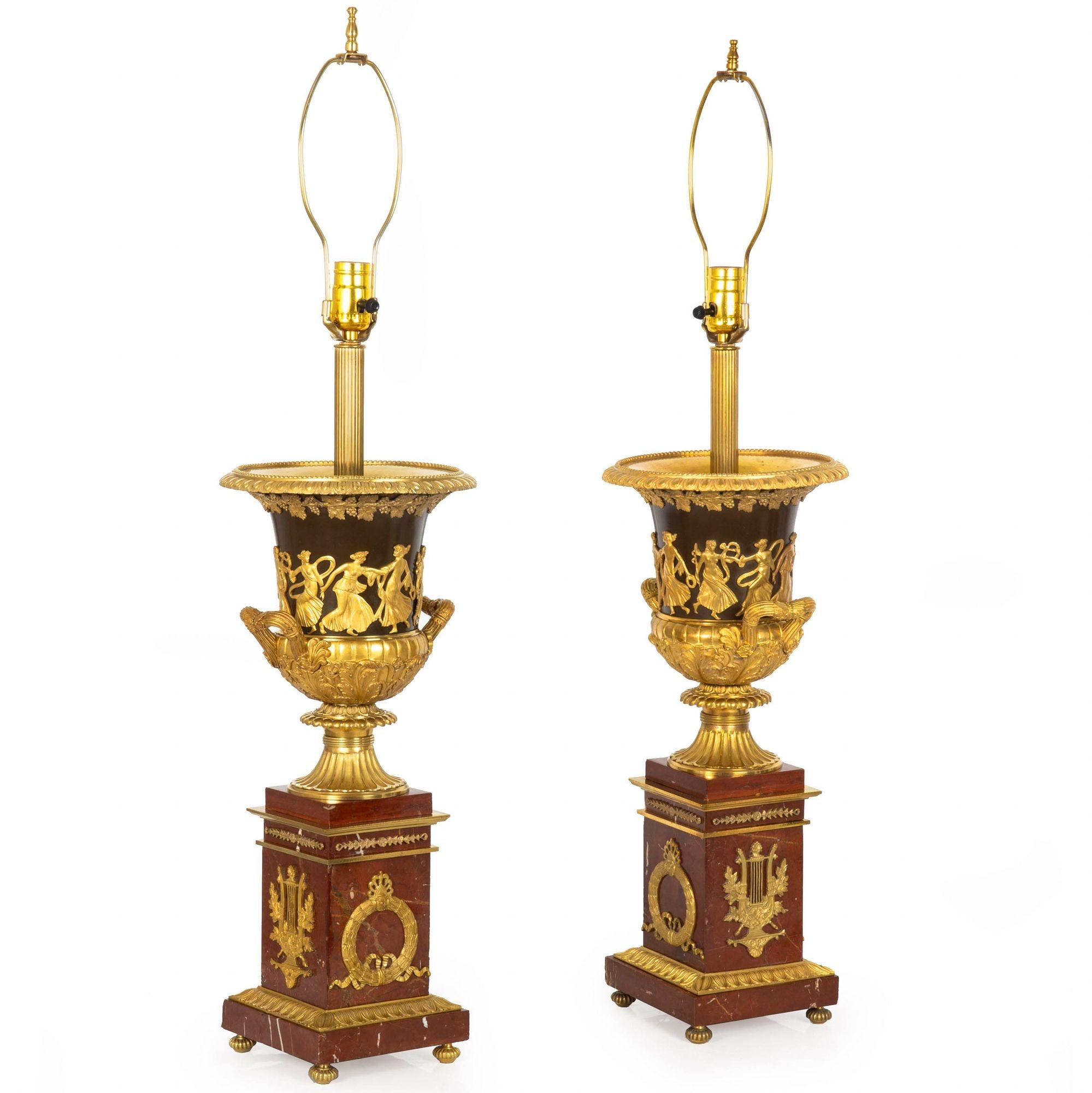 Paar französische neoklassizistische Lampen aus Bronze und rotem Marmor aus dem 19. Jahrhundert im Angebot 15