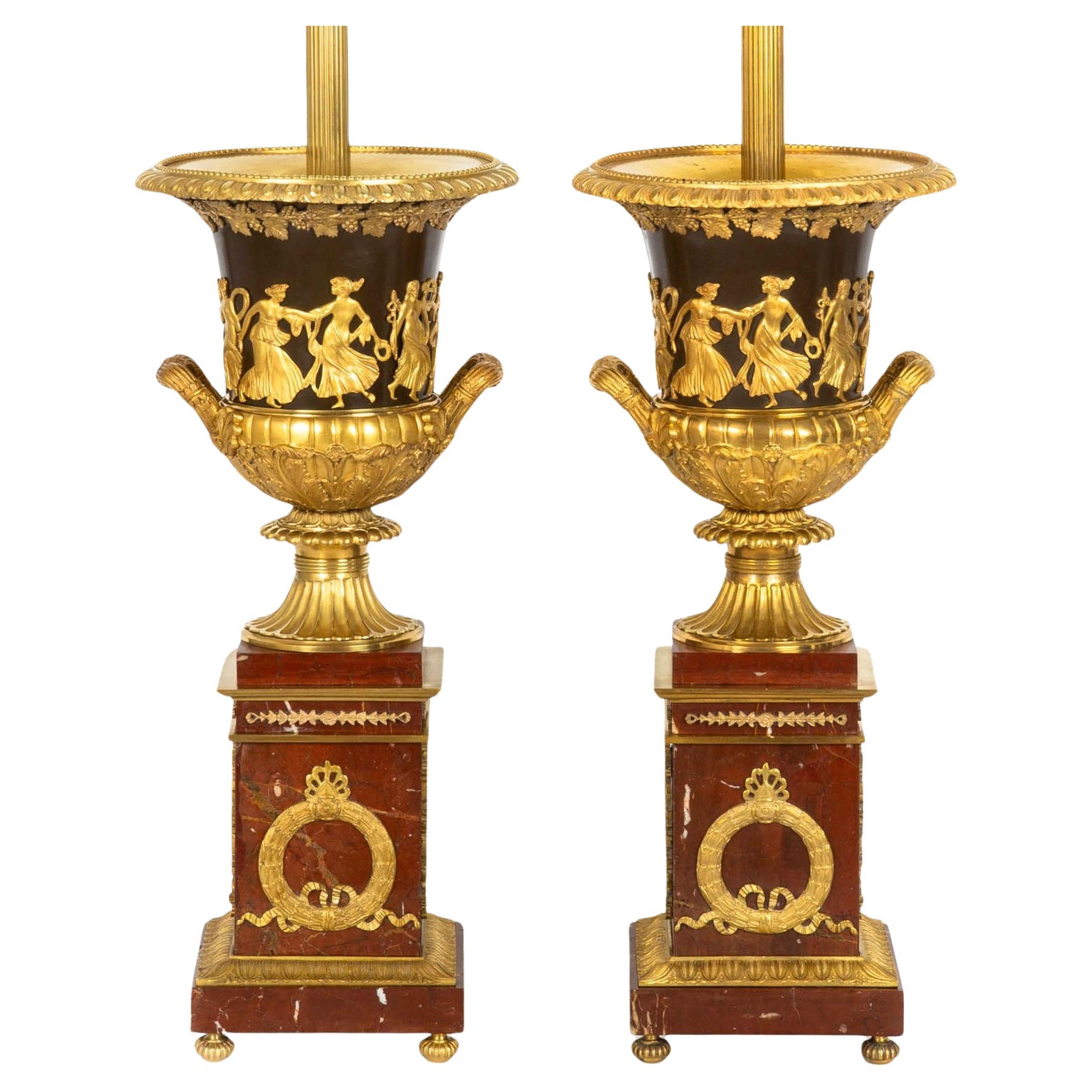 Pair of French 19th Century Neoclassical Bronze and Red Marble Lamps