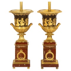 Pair of French 19th Century Neoclassical Bronze and Red Marble Lamps