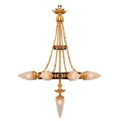 Pair of French 19th Century Neoclassical Bronze, Ormolu and Glass Chandeliers