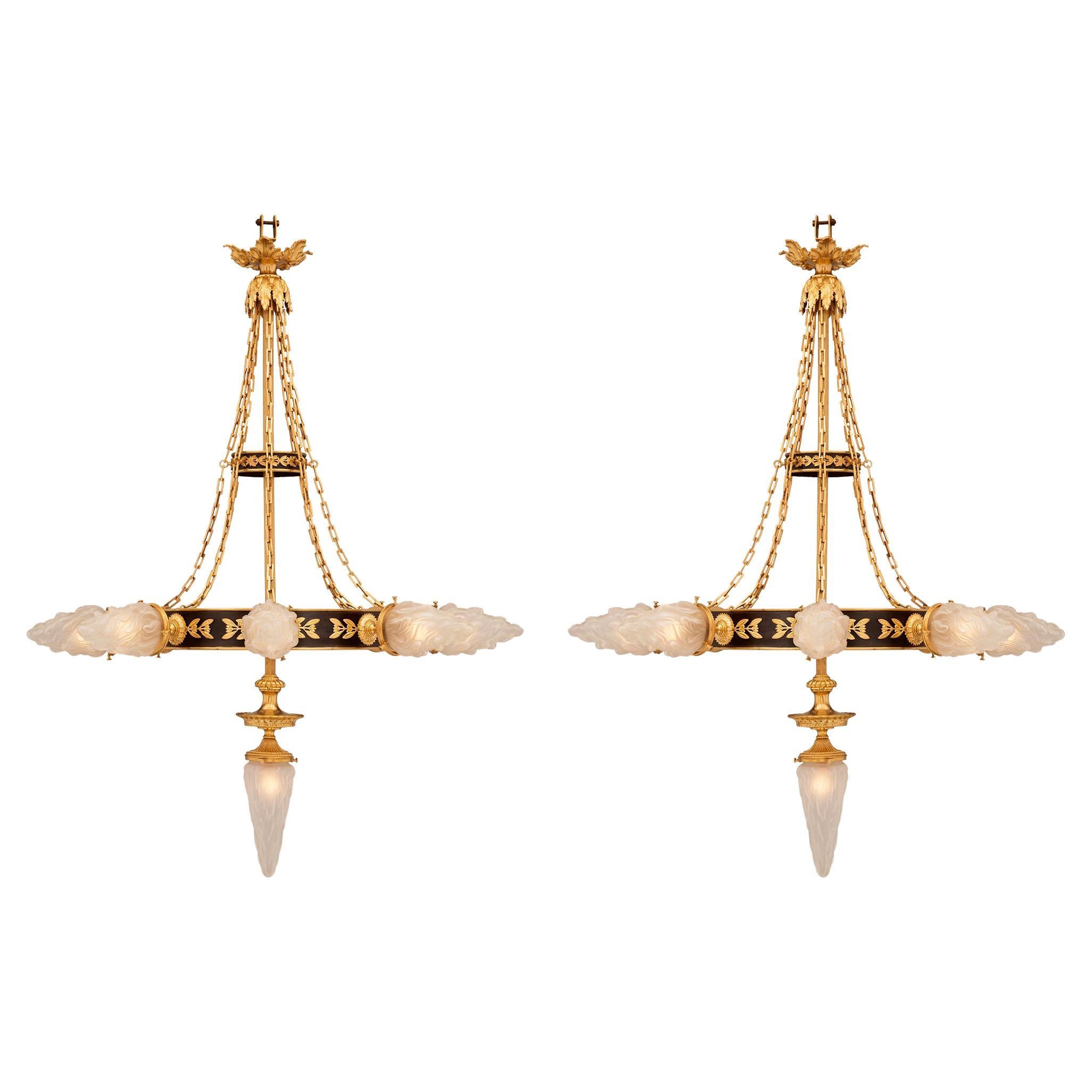 Pair of French 19th Century Neoclassical Bronze, Ormolu and Glass Chandeliers For Sale