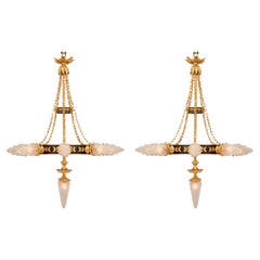 Pair of French 19th Century Neoclassical Bronze, Ormolu and Glass Chandeliers