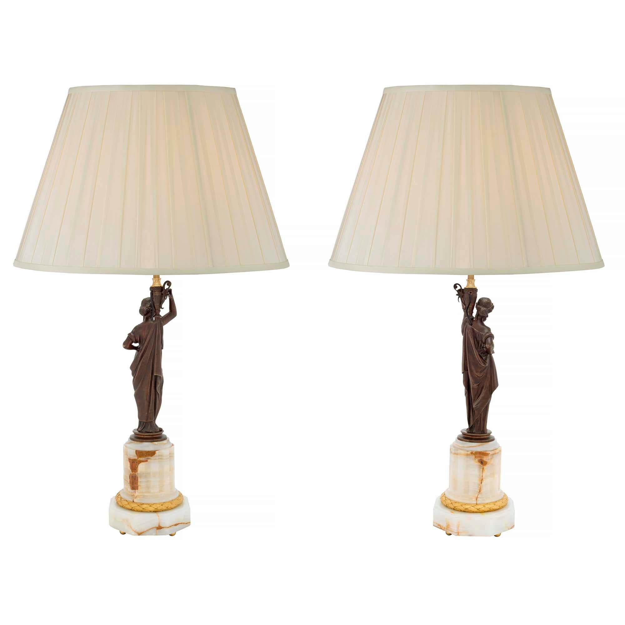 Patinated Pair of French 19th Century Neoclassical Bronze, Ormolu and Marble Lamps For Sale