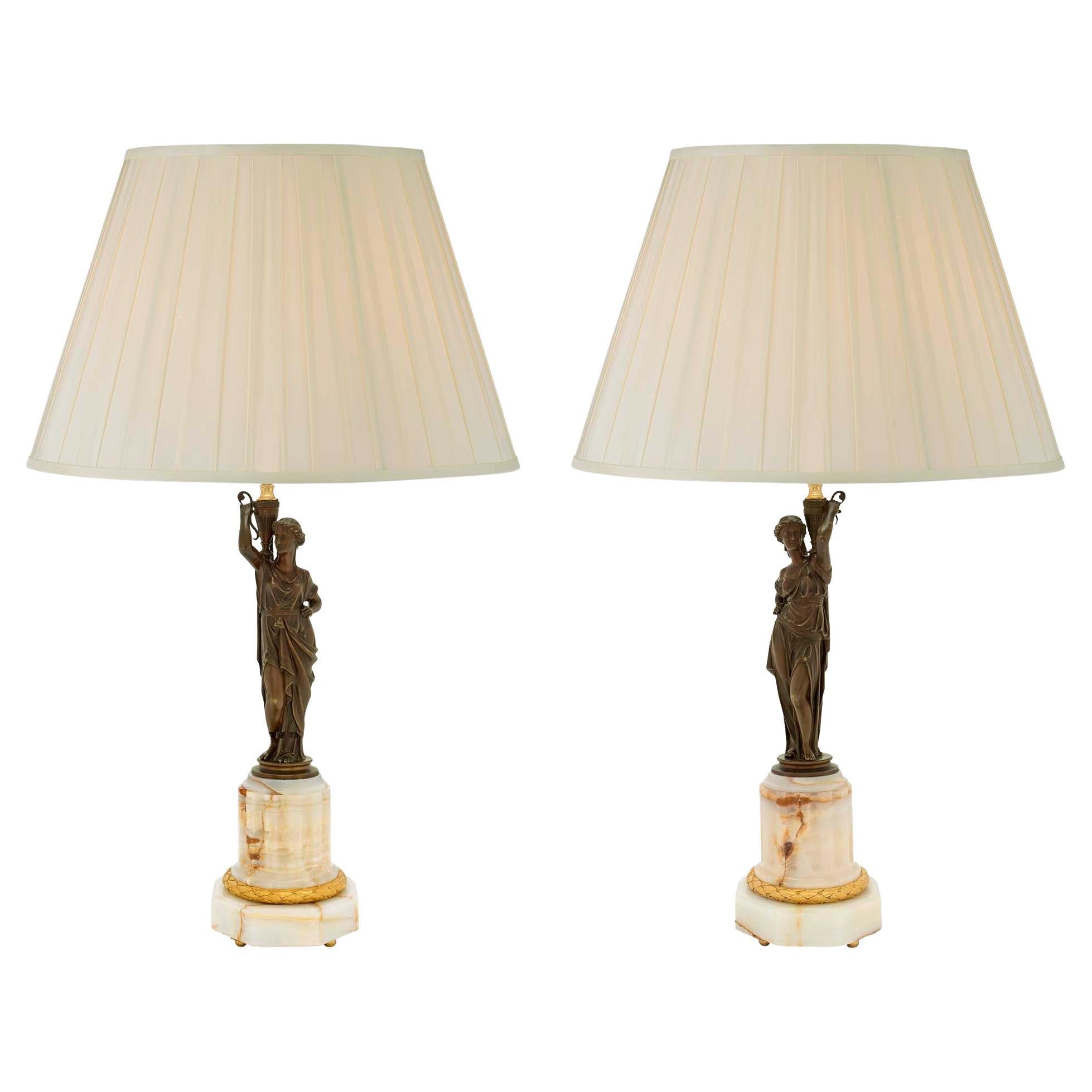Pair of French 19th Century Neoclassical Bronze, Ormolu and Marble Lamps