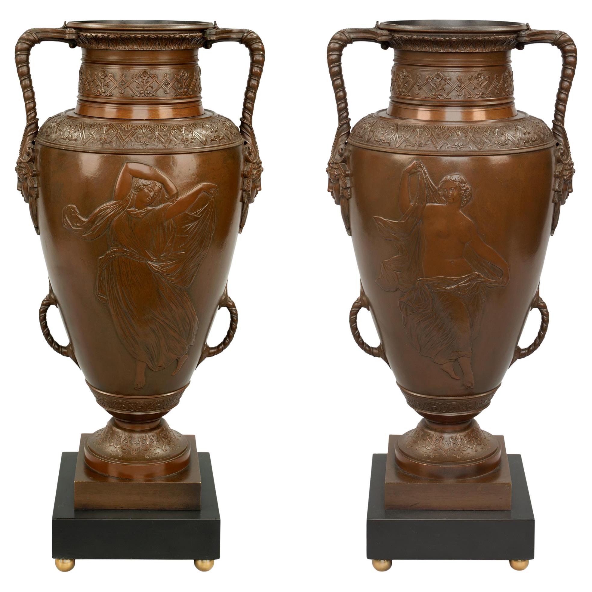 Pair of French 19th Century Neoclassical Patinated Bronze Marble and Ormolu Urns For Sale