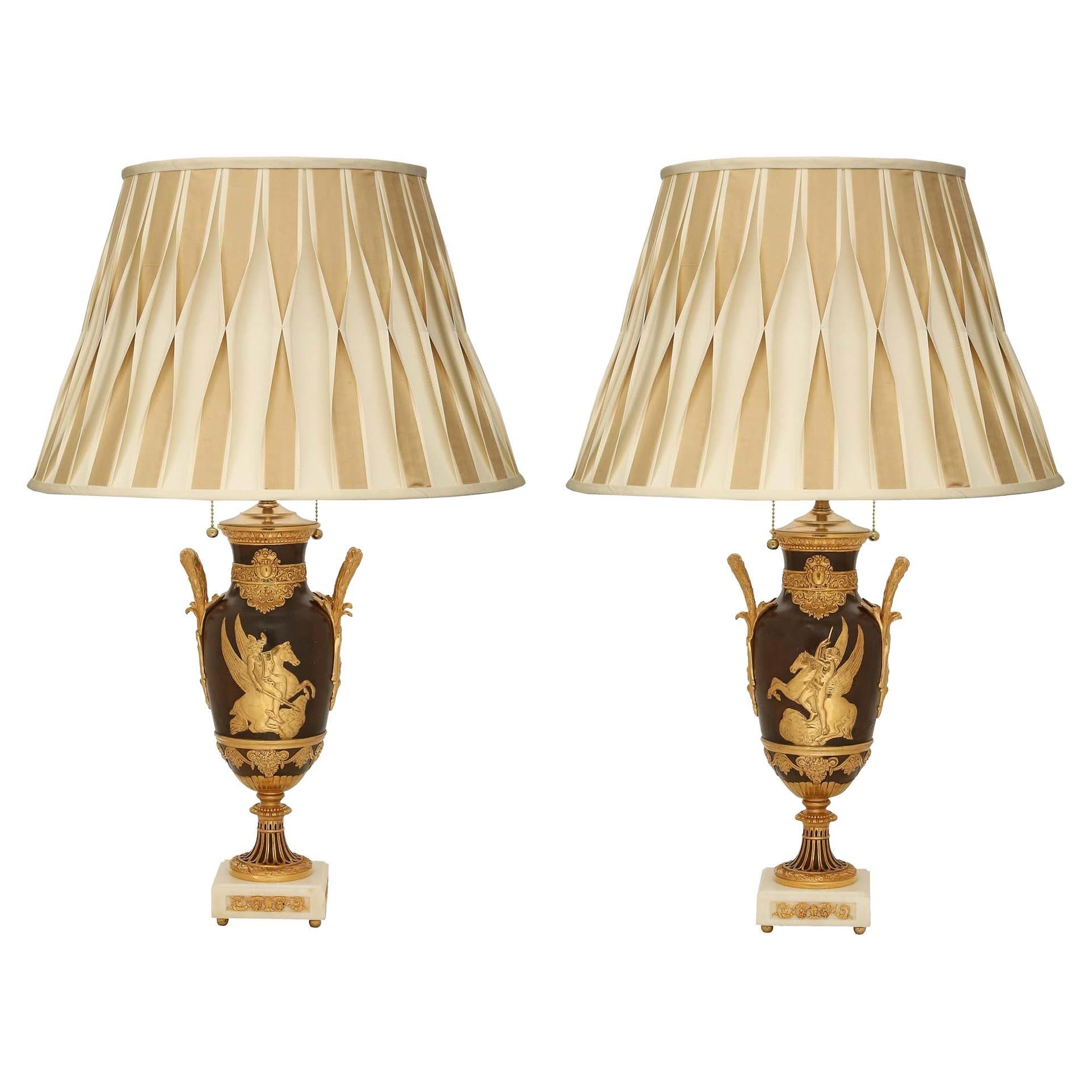 Pair of French 19th Century Neoclassical St. Bronze and Ormolu Lamps