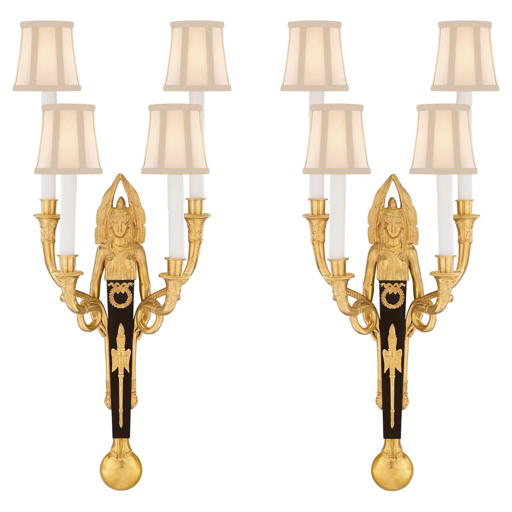 Pair of French 19th Century Neoclassical St. Bronze and Ormolu Sconces For Sale