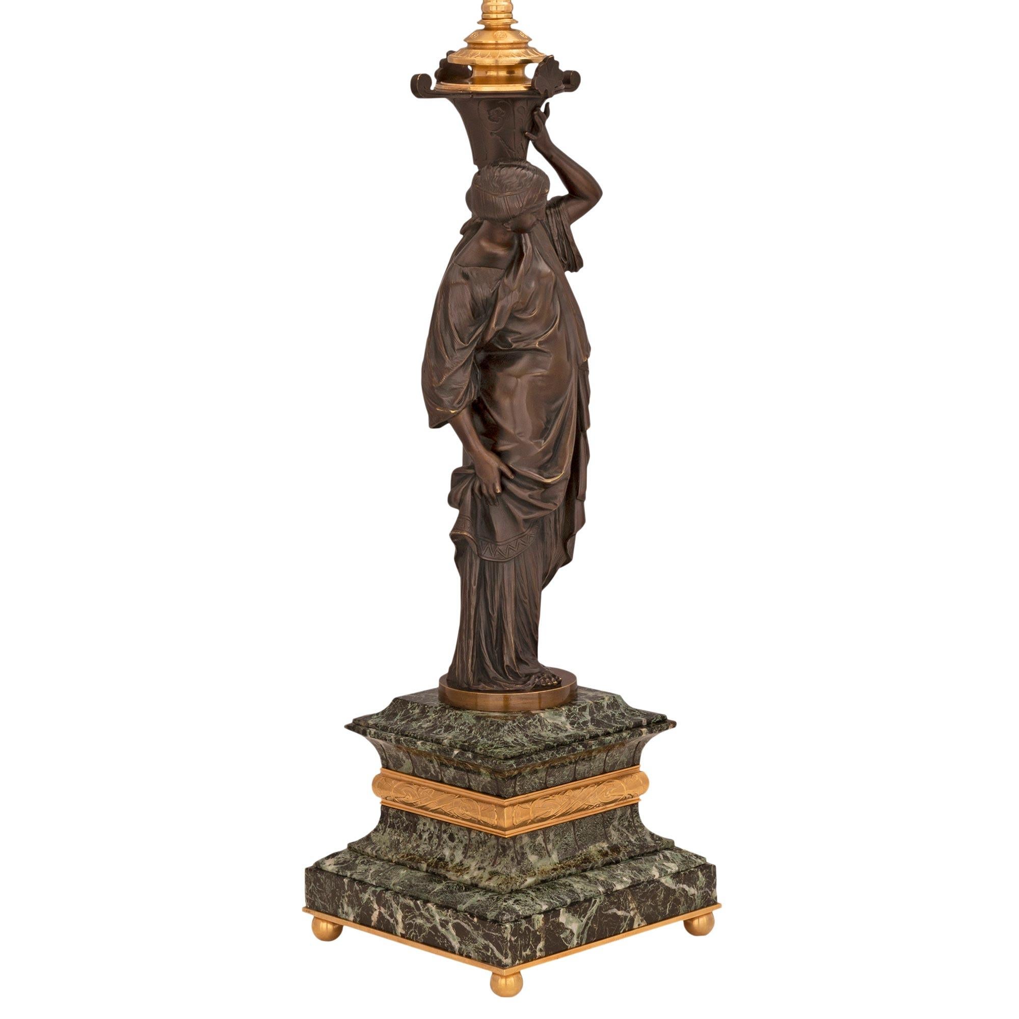 Patinated Pair of French 19th Century Neoclassical St. Bronze, Ormolu and Marble Lamps For Sale