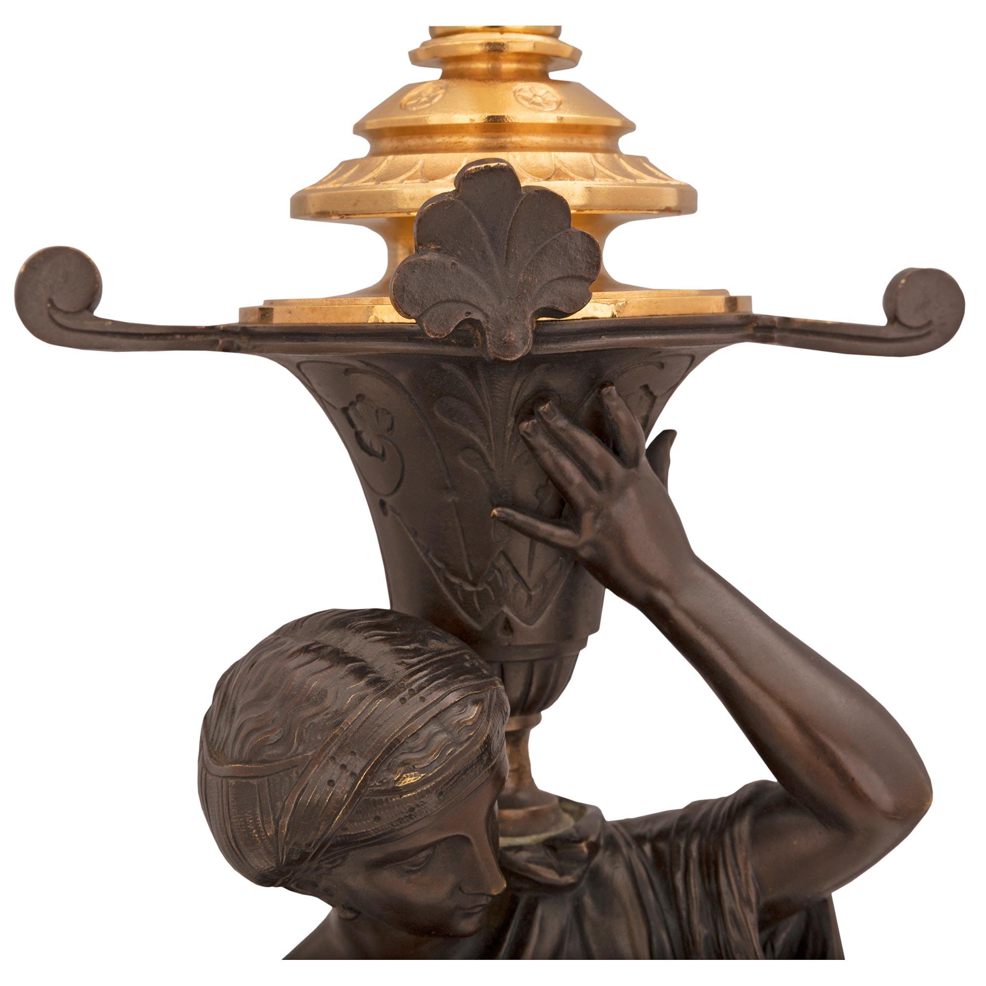 Pair of French 19th Century Neoclassical St. Bronze, Ormolu and Marble Lamps For Sale 1