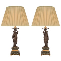 Pair of French 19th Century Neoclassical St. Bronze, Ormolu and Marble Lamps
