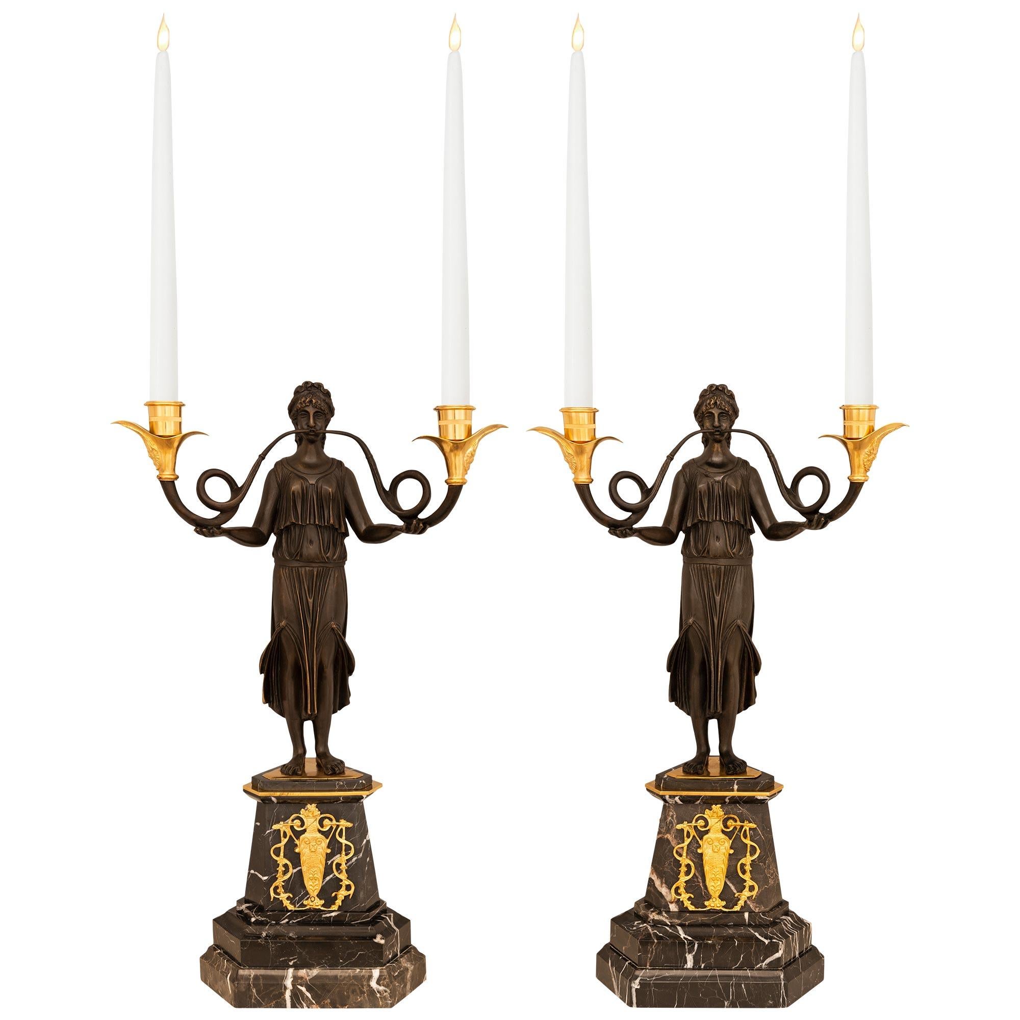 Pair Of French 19th Century Neoclassical St. Bronze, Ormolu & Marble Candelabras For Sale 6